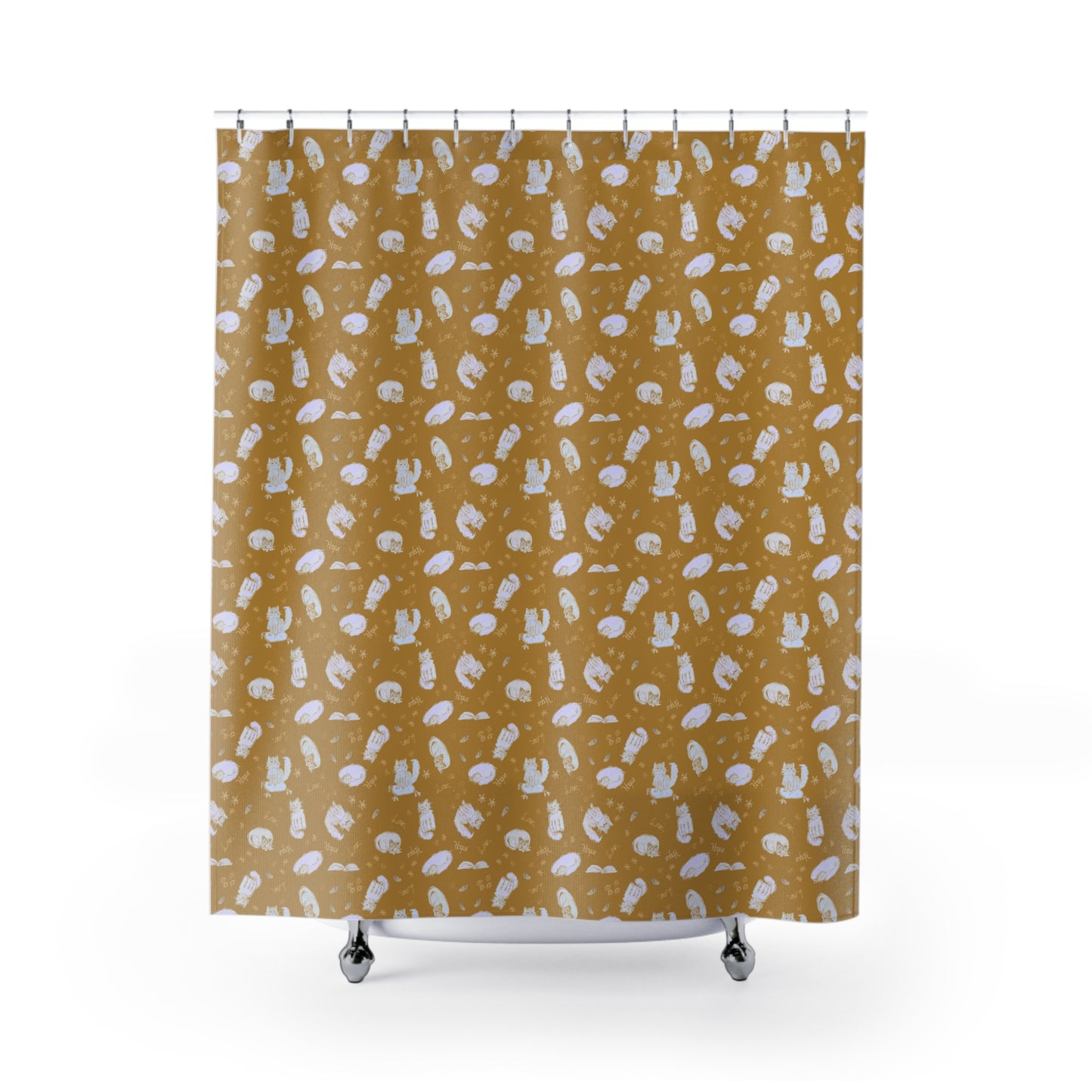 Mustard yellow cat-themed shower curtain featuring a cozy repeating pattern of sleeping and fluffy cats, books, stars, leaves, and handwritten details in soft white on a warm golden background, perfect for cozy cat lover bathroom décor.