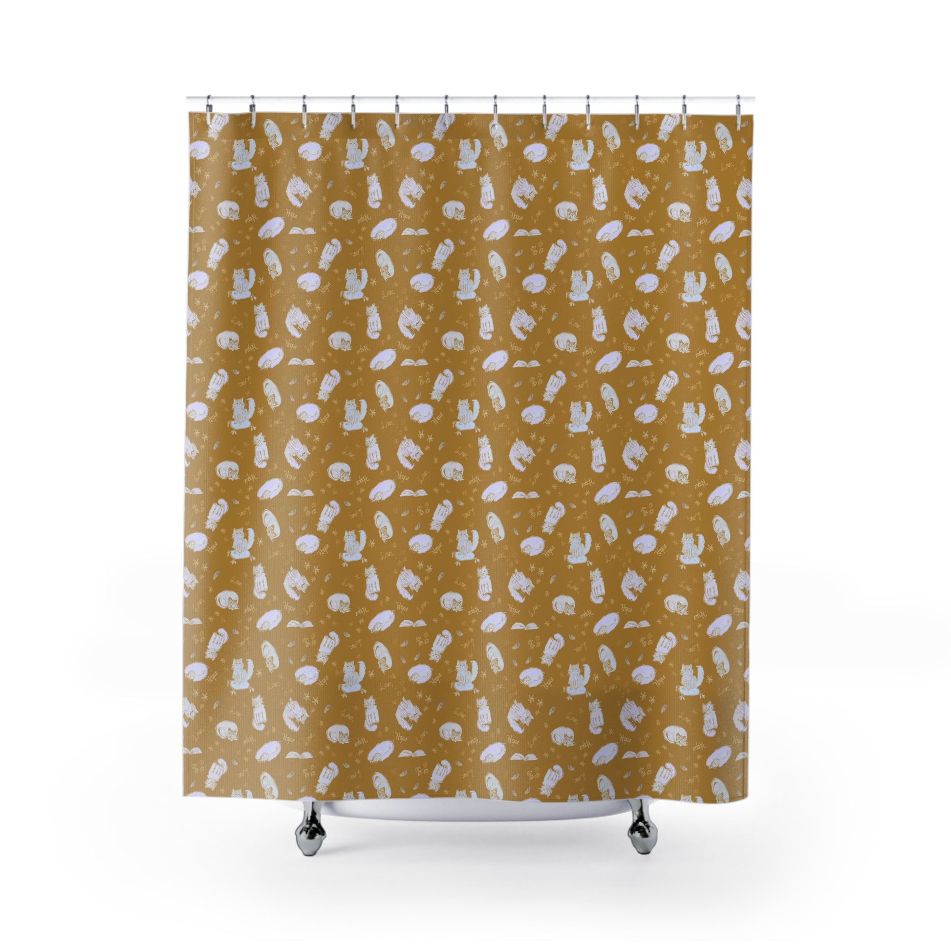 Mustard yellow cat-themed shower curtain featuring a cozy repeating pattern of sleeping and fluffy cats, books, stars, leaves, and handwritten details in soft white on a warm golden background, perfect for cozy cat lover bathroom décor.