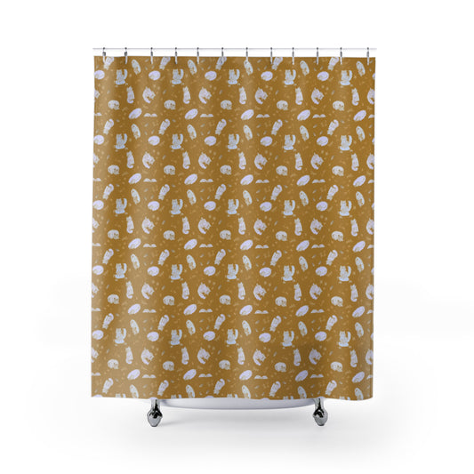 Mustard yellow cat-themed shower curtain featuring a cozy repeating pattern of sleeping and fluffy cats, books, stars, leaves, and handwritten details in soft white on a warm golden background, perfect for cozy cat lover bathroom décor.