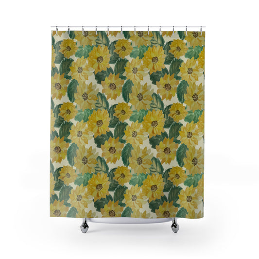 Shower curtain with original watercolor sunflowers bursting across a soft background