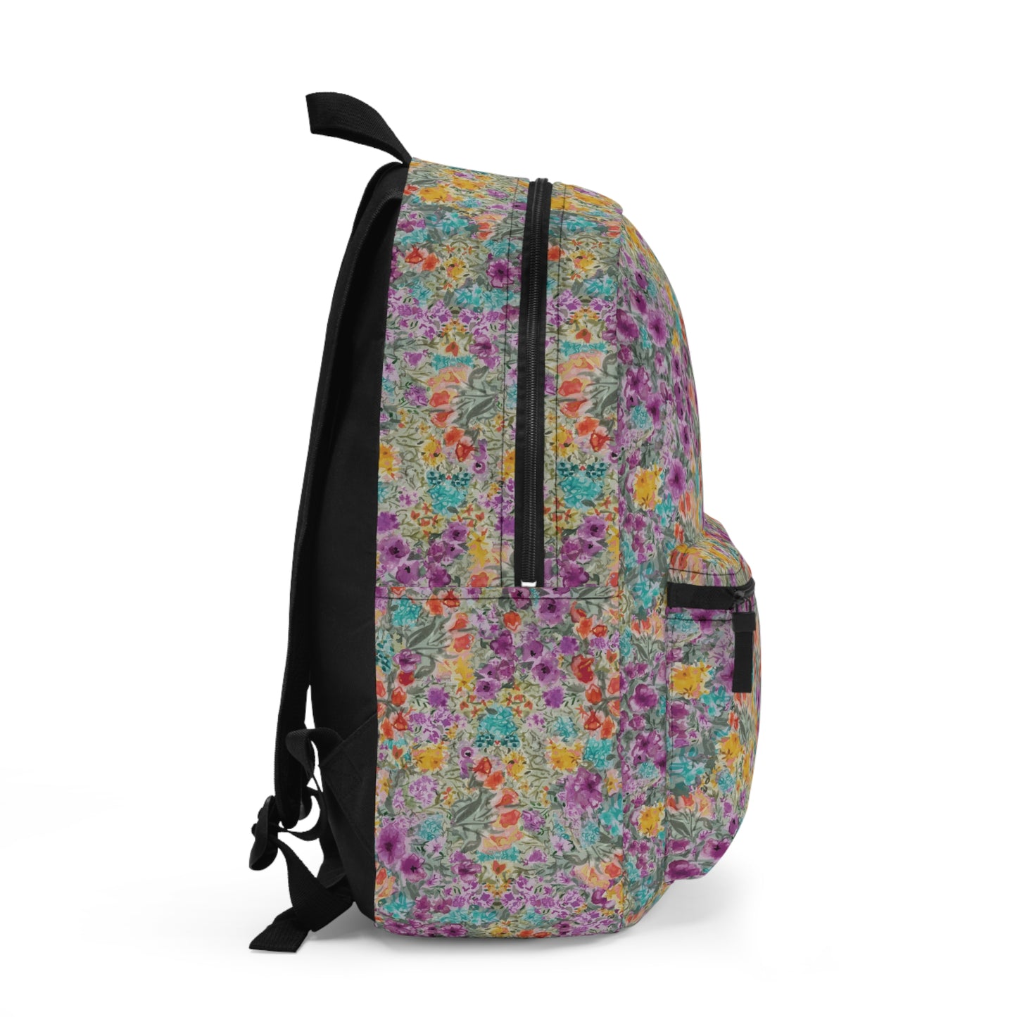 Meadow Blooms in Violets golds oranges and teals-patterned backpack side view on a white background