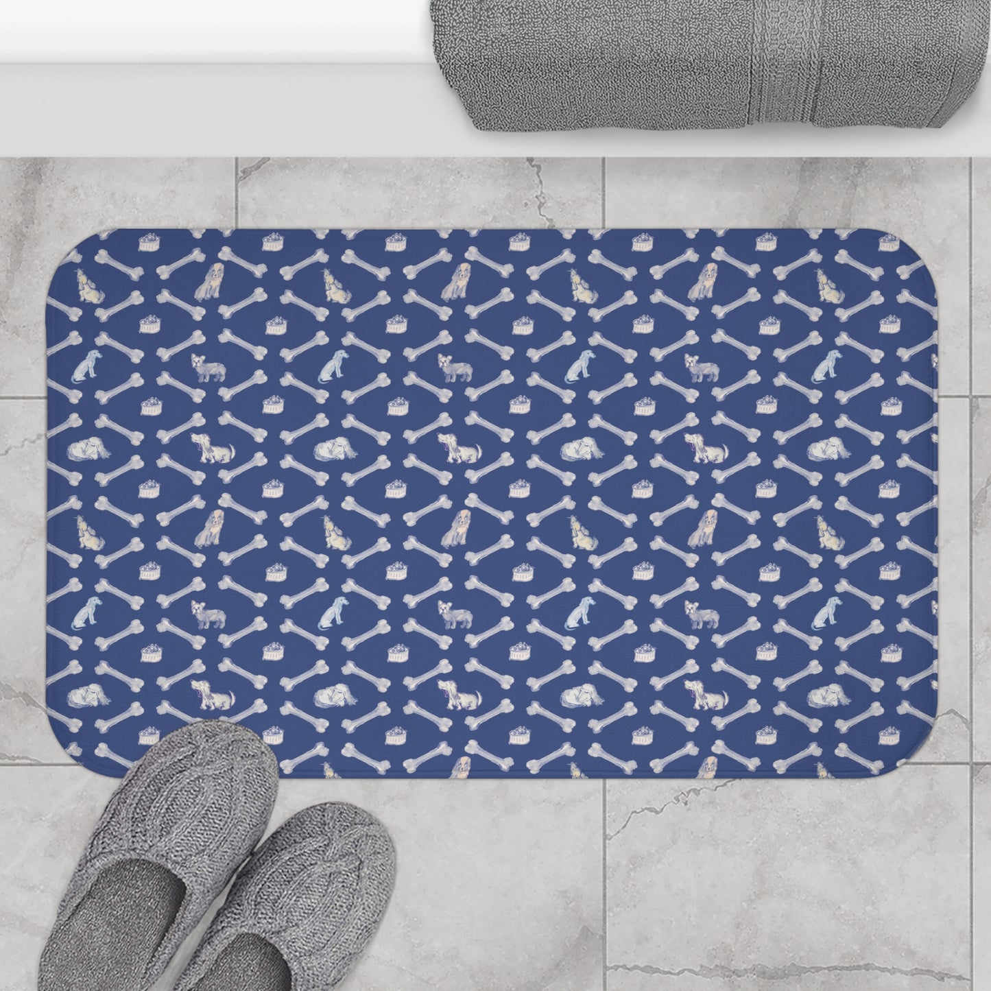 Dog and White Bone Pattern Bath Mat | Navy Dog Bones Non-Slip Bathroom Rug