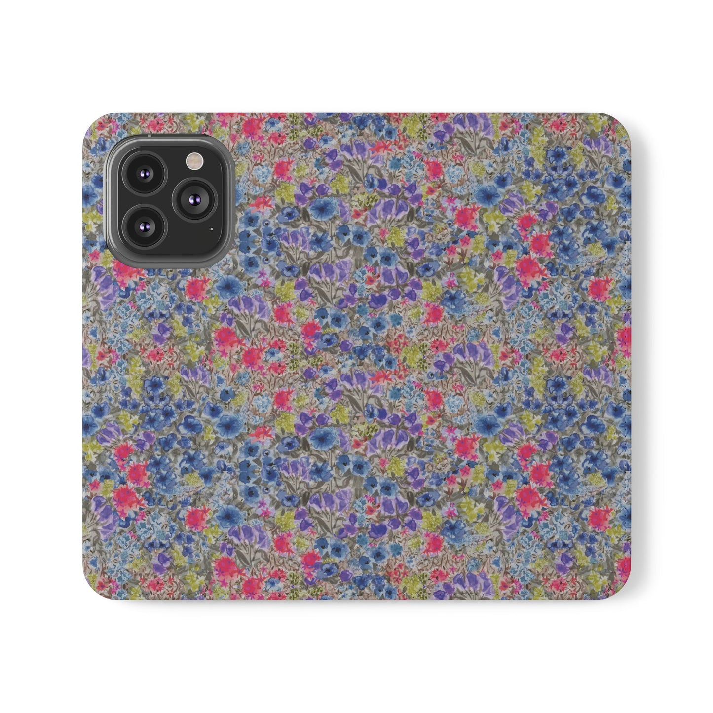 Blue watercolor wildflower wallet phone case featuring vibrant floral meadow artwork with pink and purple blossoms.
