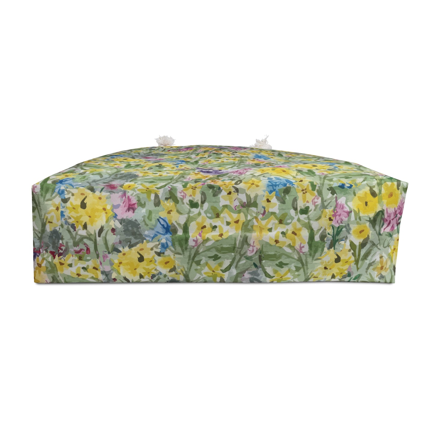 Watercolor wildflower floral weekender tote bag with yellow meadow flowers and green botanical pattern.
