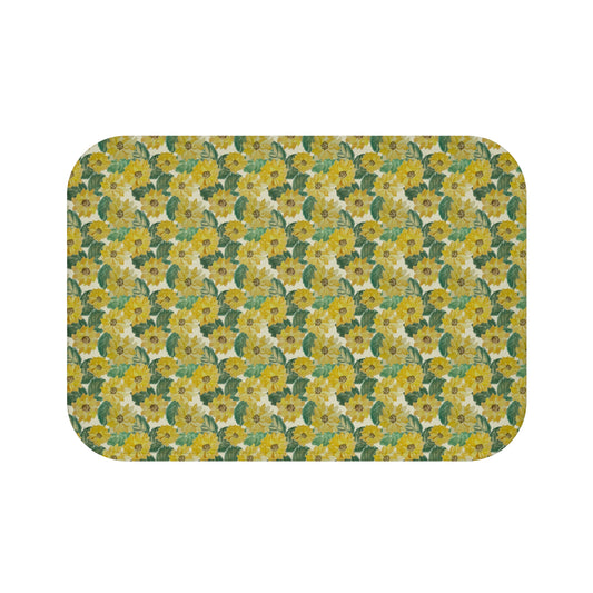 Bath mat with original watercolor sunflowers in warm golden yellow