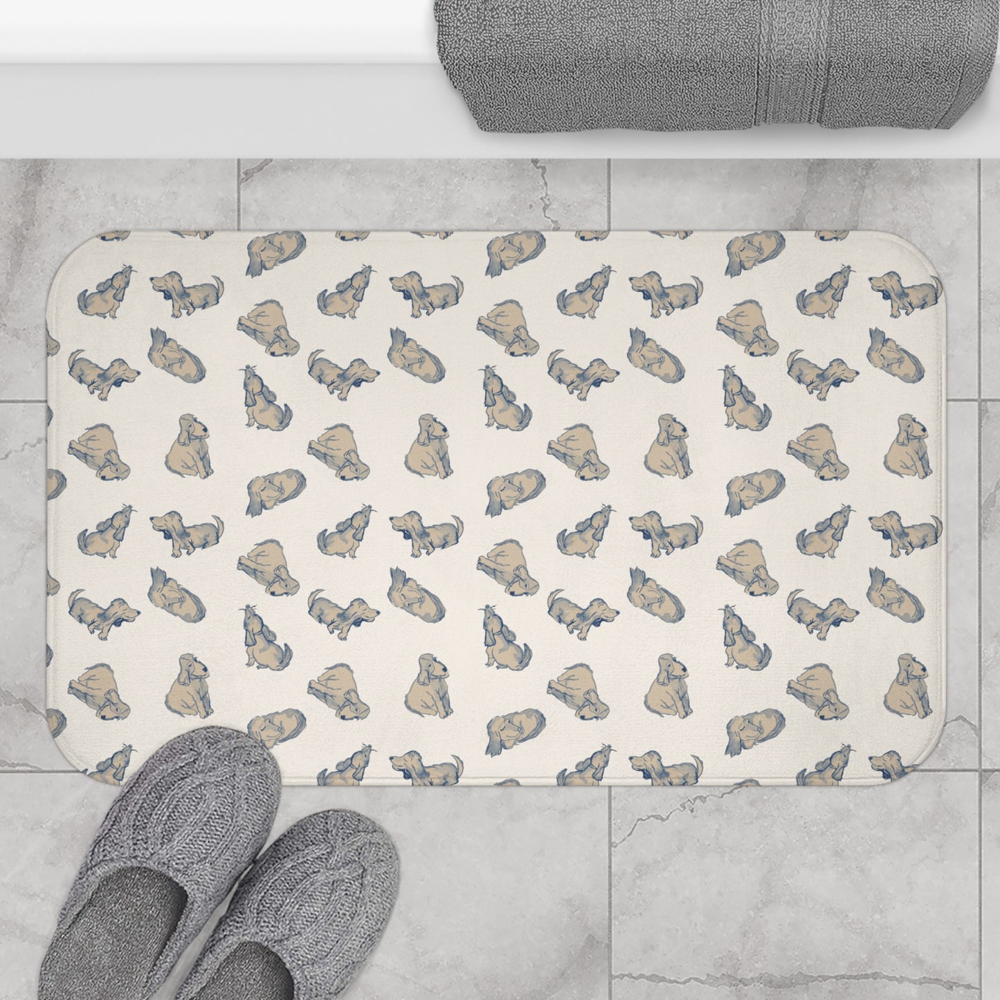 Blue Dog Bath Mat, Cream Puppy Bathroom Rug, Cute Dog Lover Decor, Neutral Pet Pattern Rug, Cozy Bathroom Accent, Animal Print Bath Mat