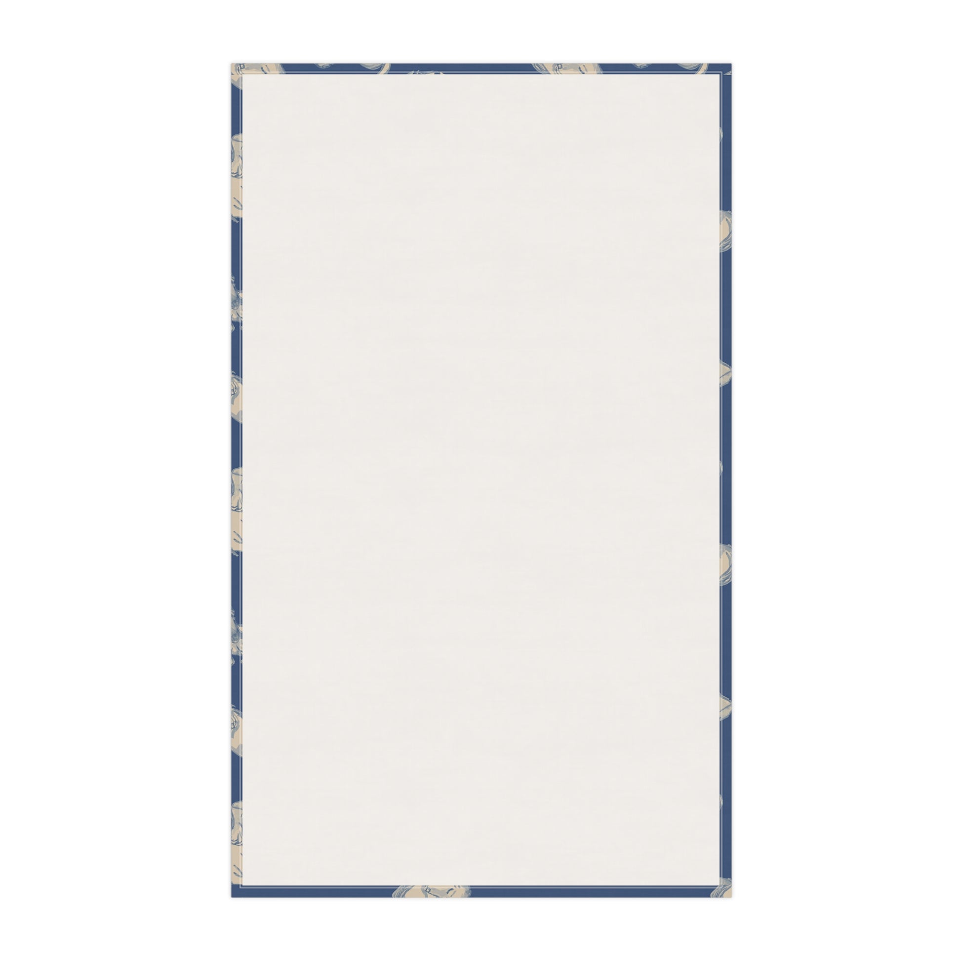 Rectangular back of tea towel with a blue border on a white background