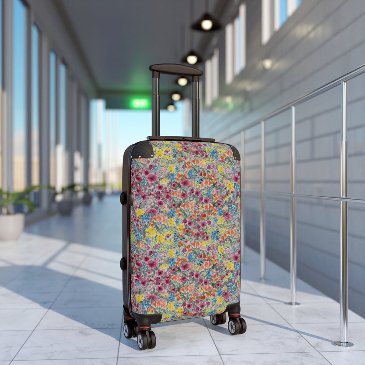 Colorful floral-patterned suitcase in a modern indoor setting