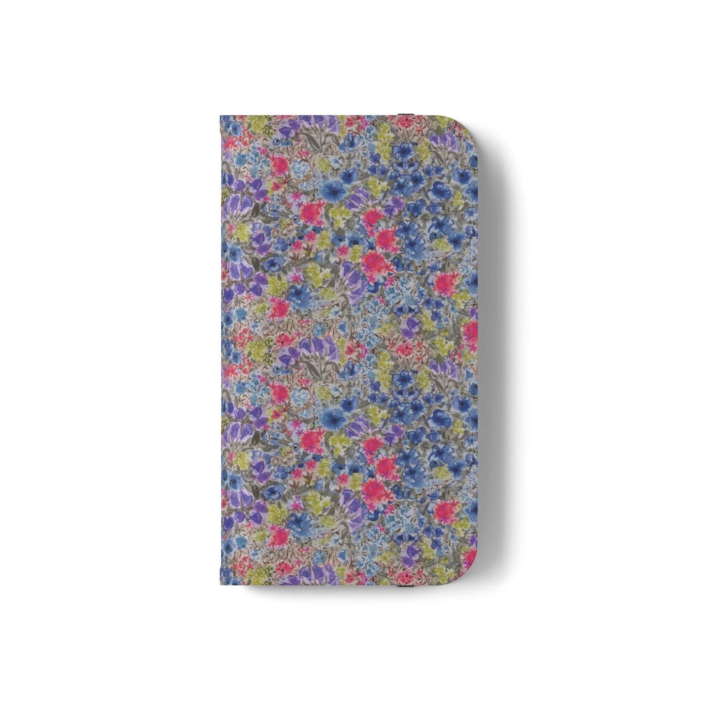 Blue wildflower floral flip phone case with watercolor botanical pattern.