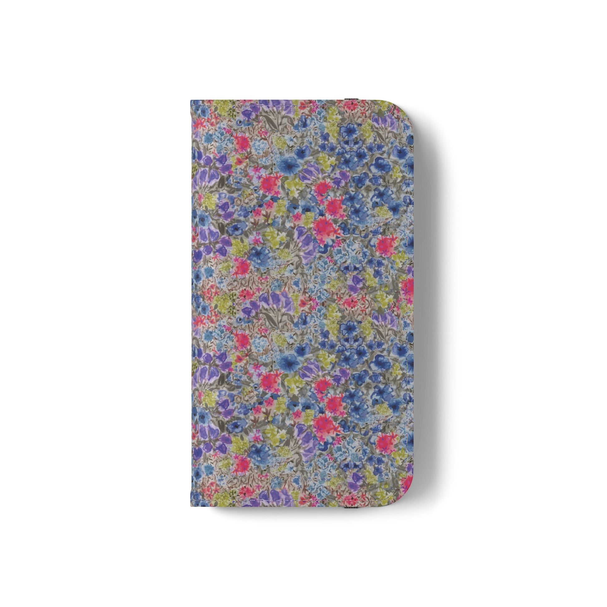 Blue wildflower floral flip phone case with watercolor botanical pattern.