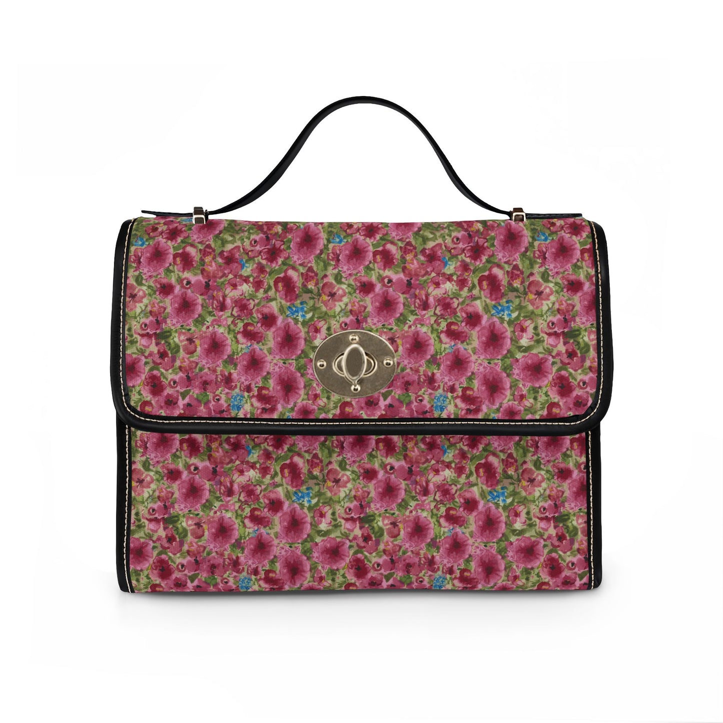 Pink watercolor poppies floral satchel handbag featuring a cottage garden botanical pattern with crossbody strap and top handle.