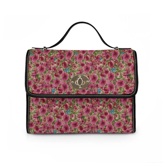 Pink watercolor poppies floral satchel handbag featuring a cottage garden botanical pattern with crossbody strap and top handle.
