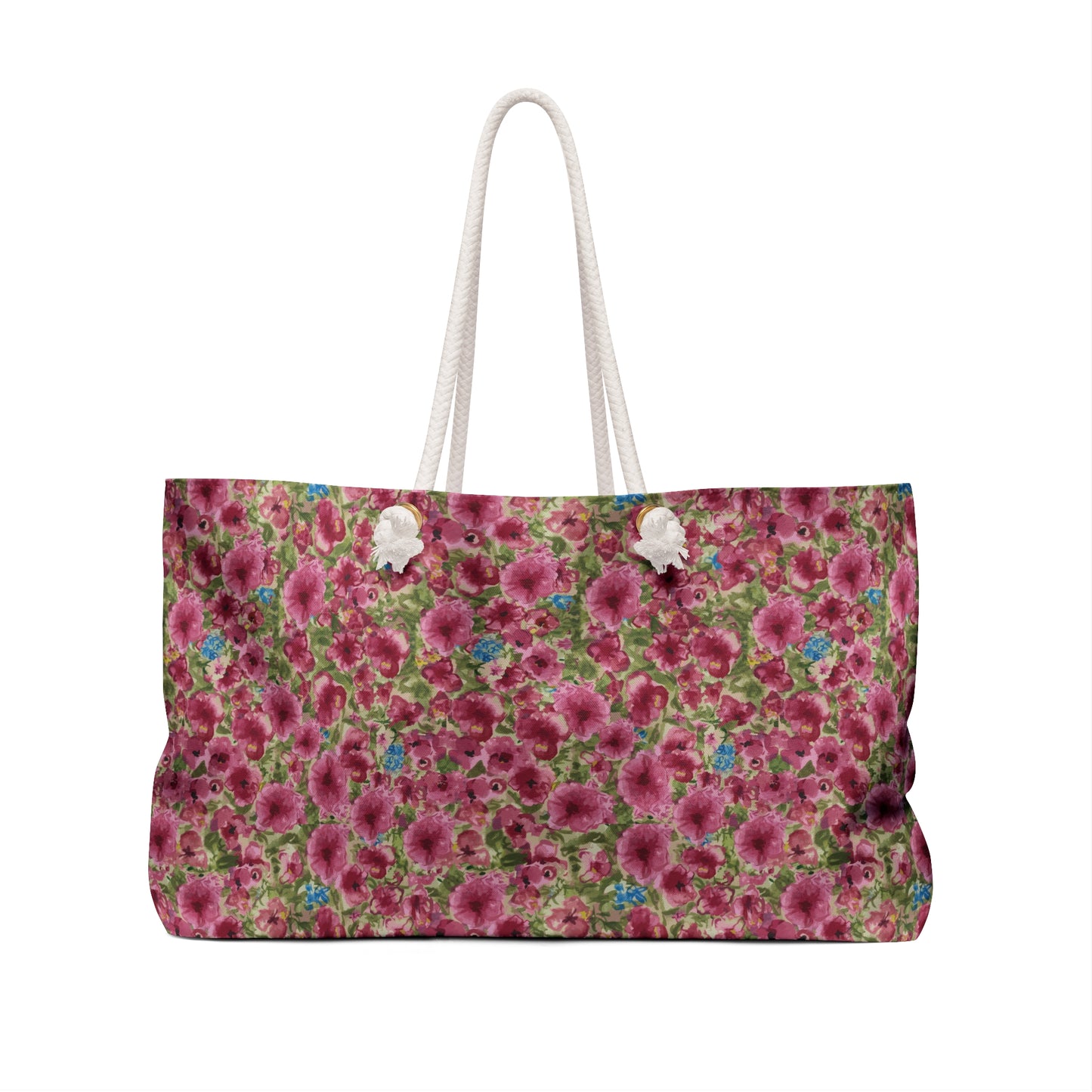 Pink watercolor poppy floral weekender tote bag featuring a dense meadow pattern of magenta and rose poppies with green foliage and rope handles.