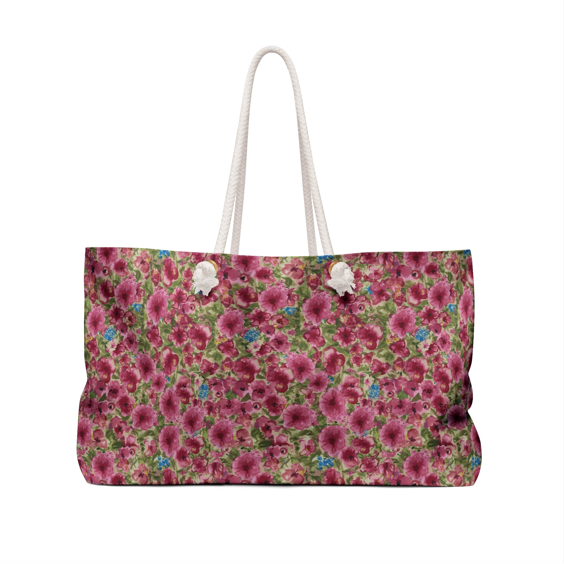 Pink watercolor poppy floral weekender tote bag featuring a dense meadow pattern of magenta and rose poppies with green foliage and rope handles.