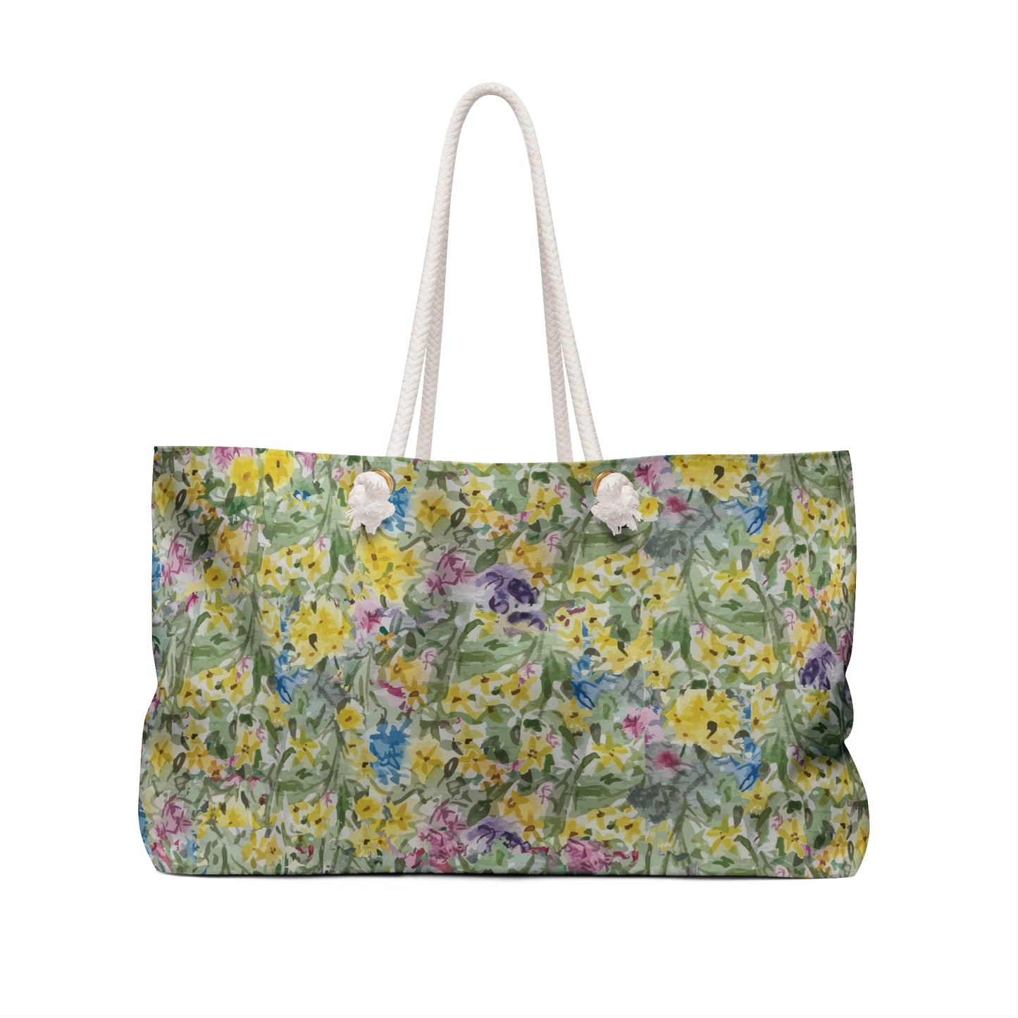 Watercolor wildflower floral weekender tote bag with yellow meadow flowers and green botanical pattern.
