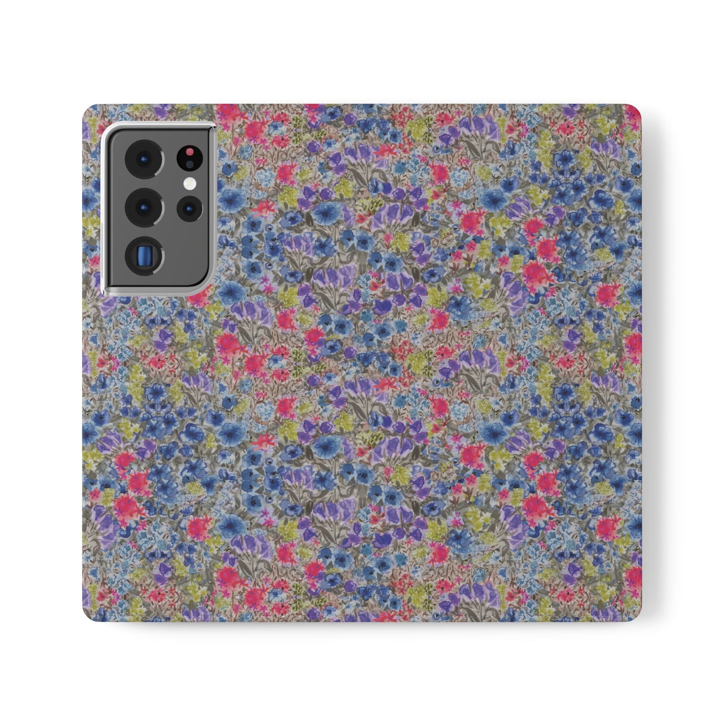 Blue watercolor wildflower wallet phone case featuring vibrant floral meadow artwork with pink and purple blossoms.