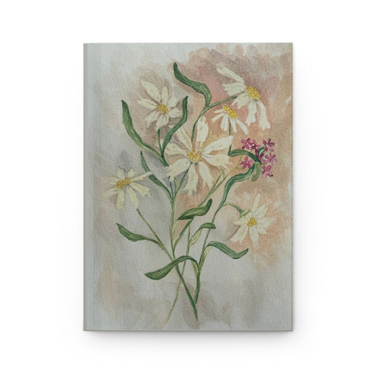 watercolor daisy notebook with soft white flowers and green stems on neutral background