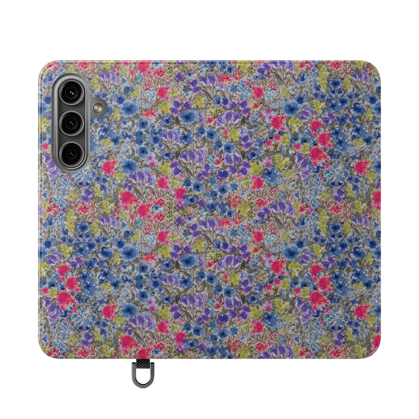 Blue watercolor wildflower wallet phone case featuring vibrant floral meadow artwork with pink and purple blossoms.