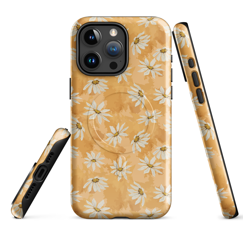 Phone case with white daisy pattern on a warm multi tone peach background
