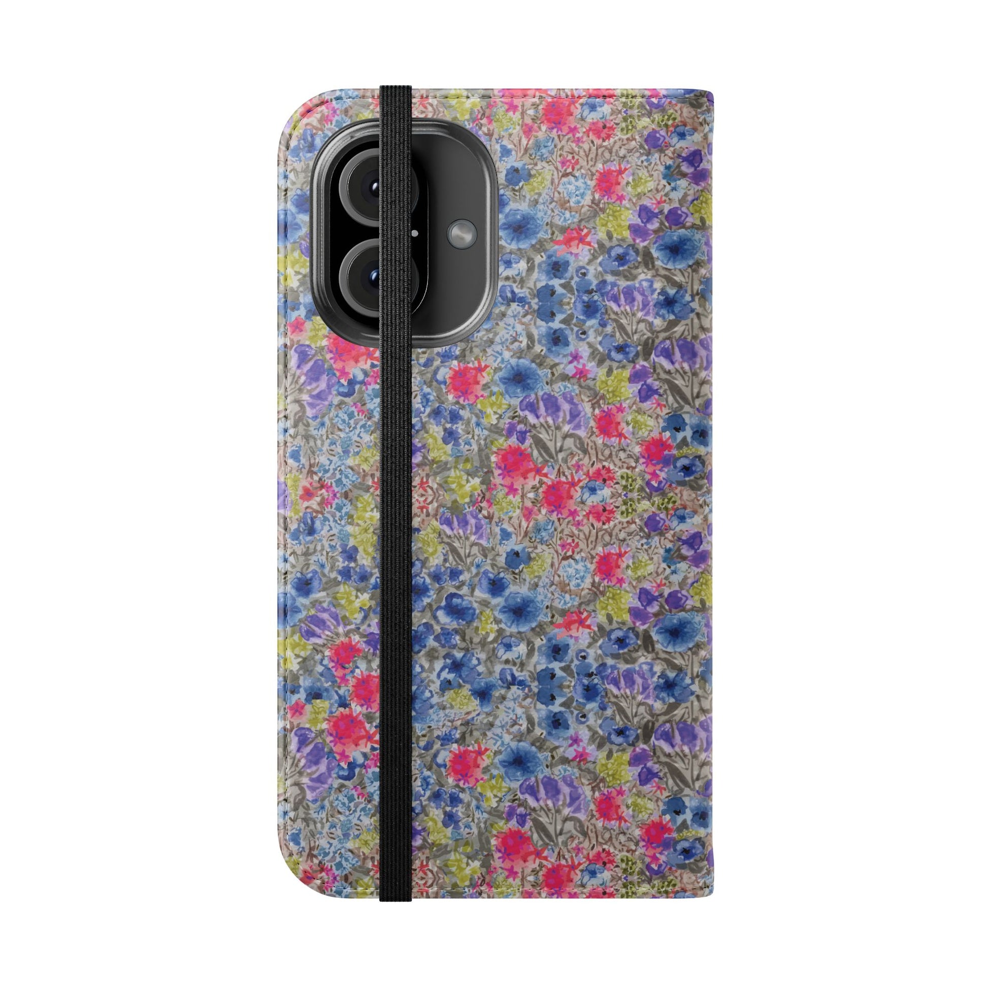 Blue wildflower floral flip phone case with watercolor botanical pattern.