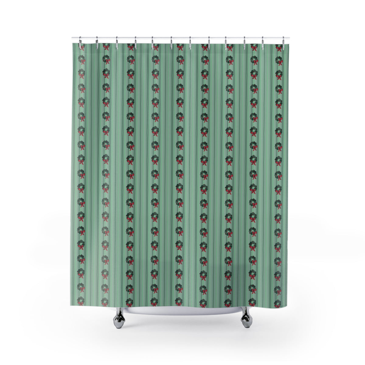 Shower curtain with hand-painted Christmas wreaths and ribbons