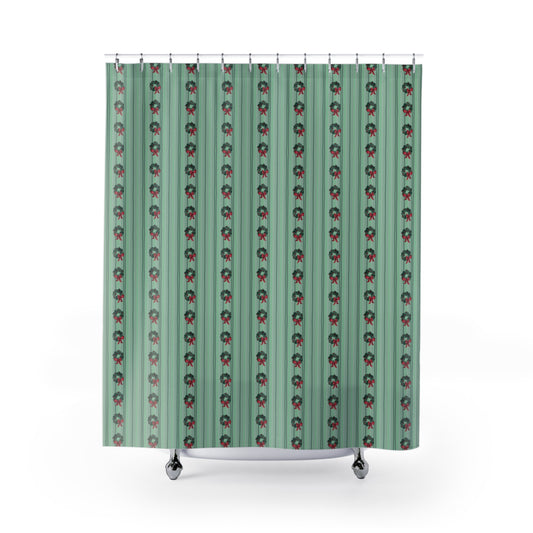 Shower curtain with hand-painted Christmas wreaths and ribbons