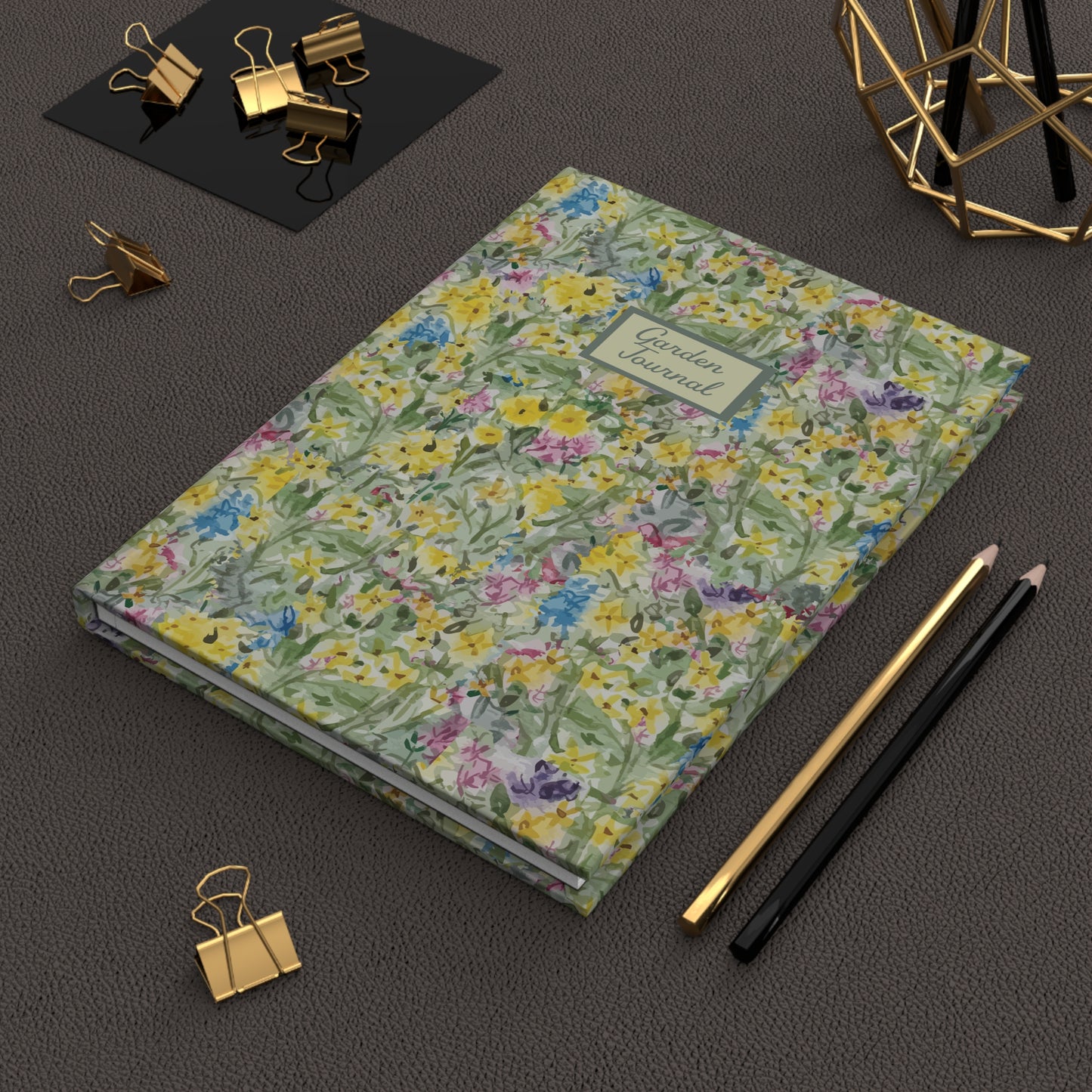 Floral Fields garden journal with watercolor wildflower pattern in green yellow and pink tones matte hardcover notebook