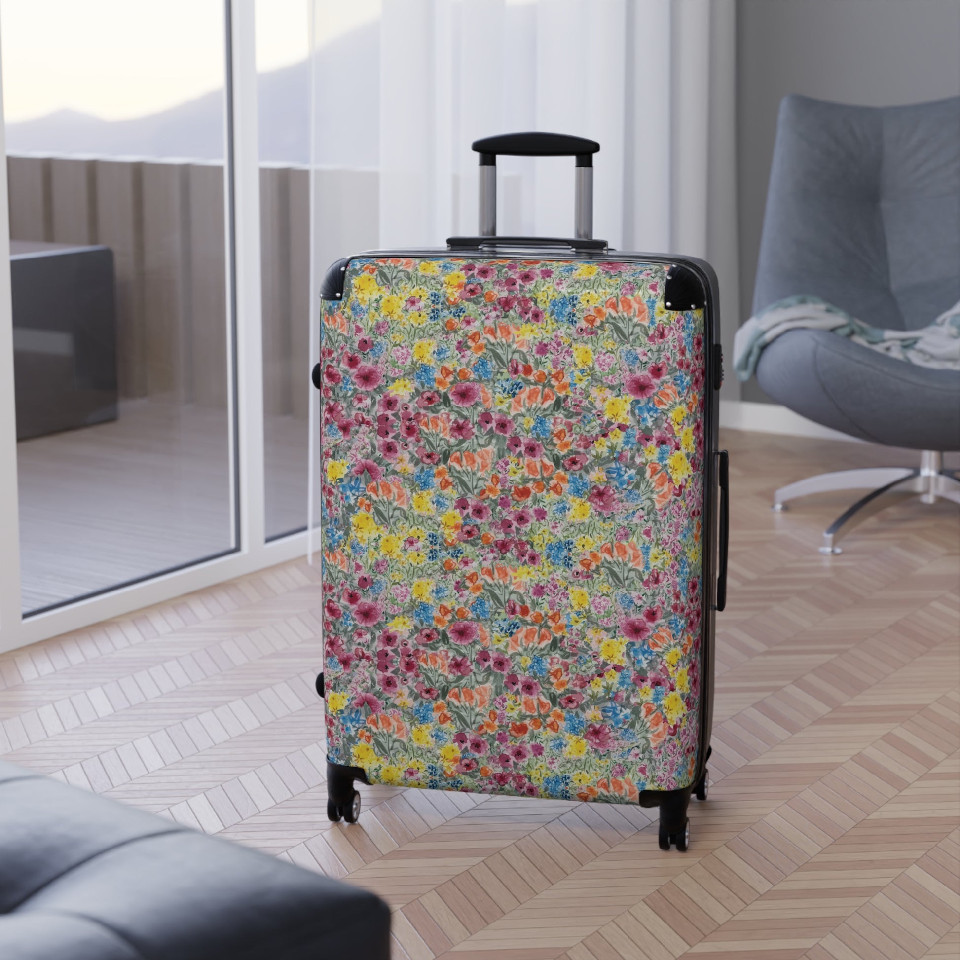 Meadow Blooms -patterned suitcase in a modern indoor setting