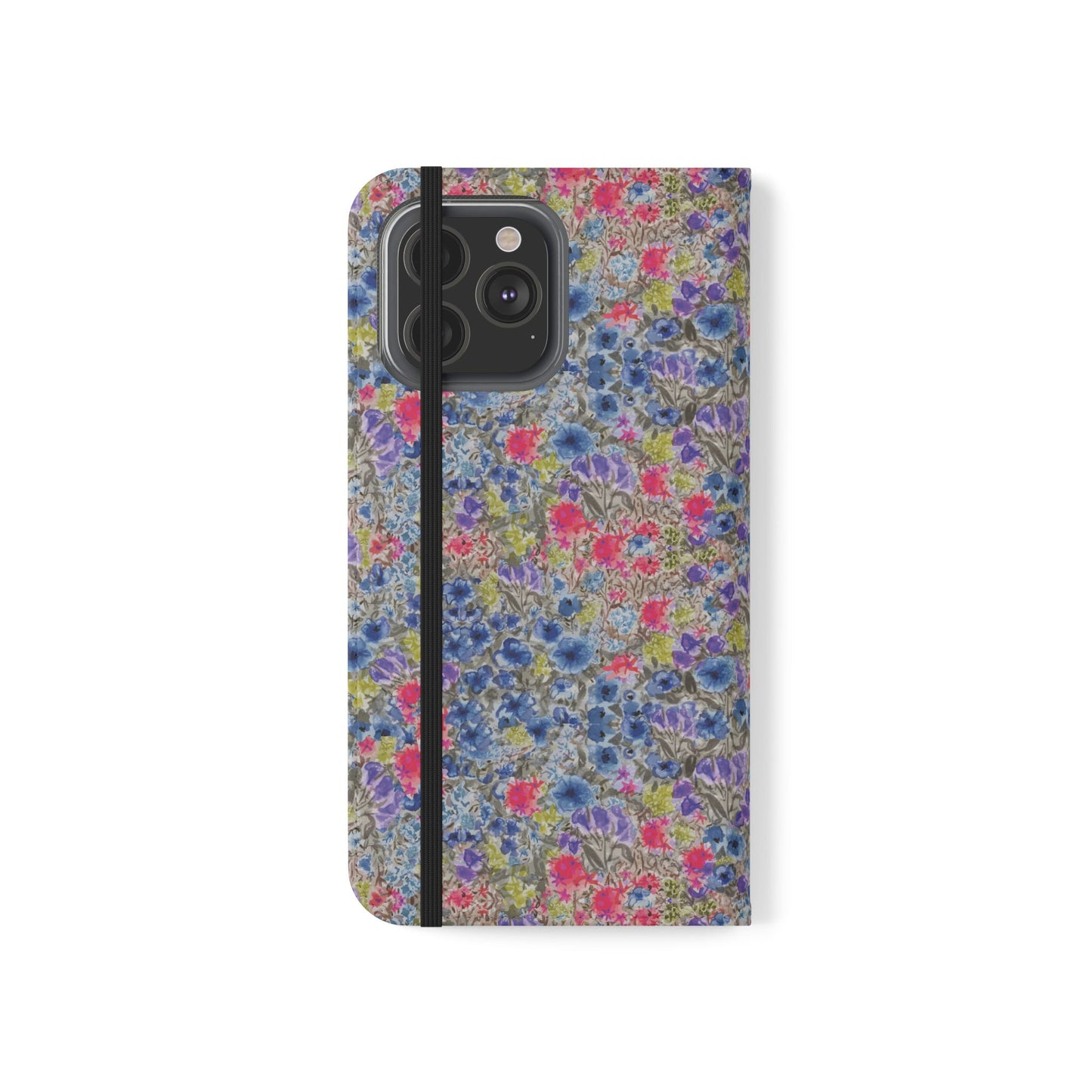 Blue wildflower floral flip phone case with watercolor botanical pattern.