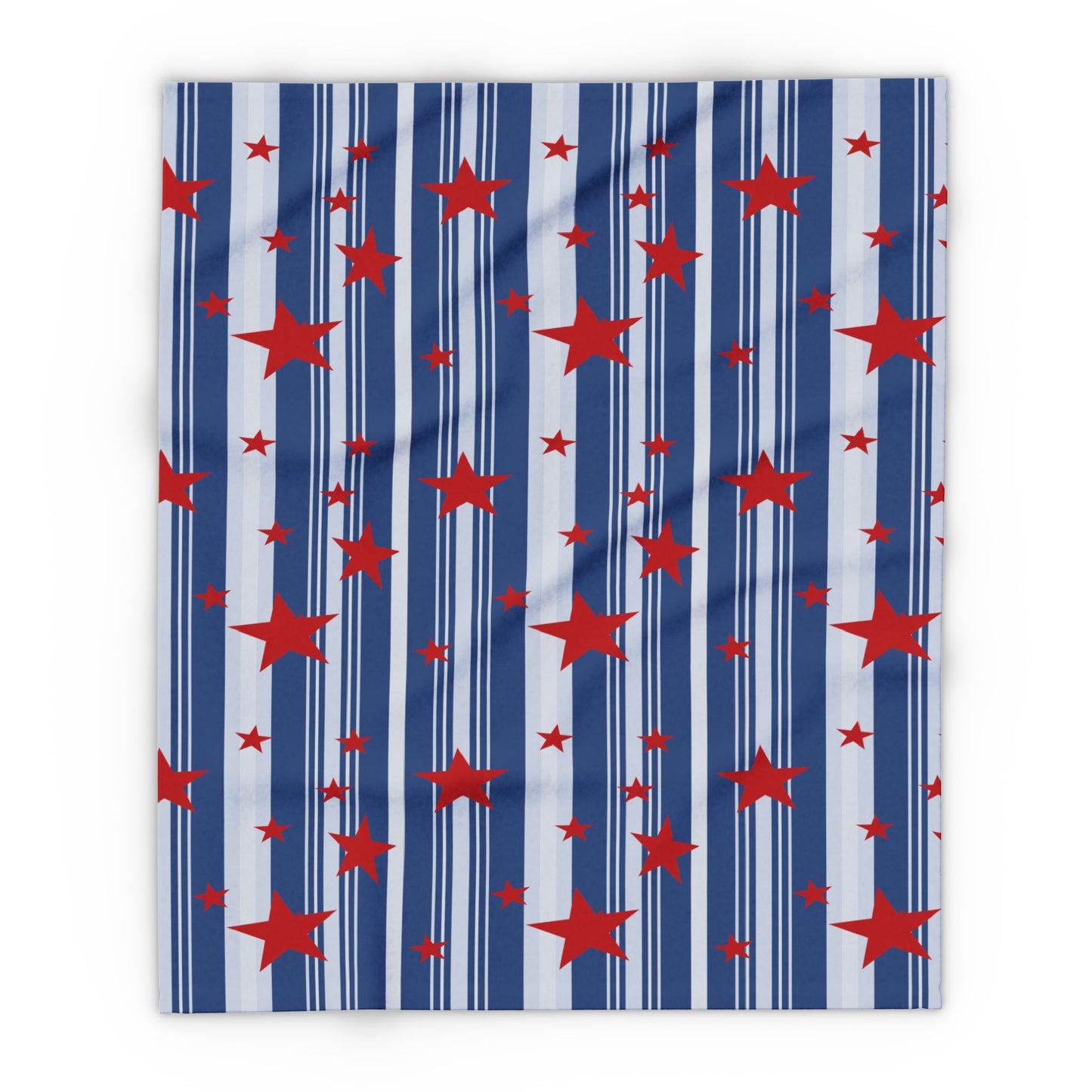 Throw blanket with pattern of red stars on blue and white striped background