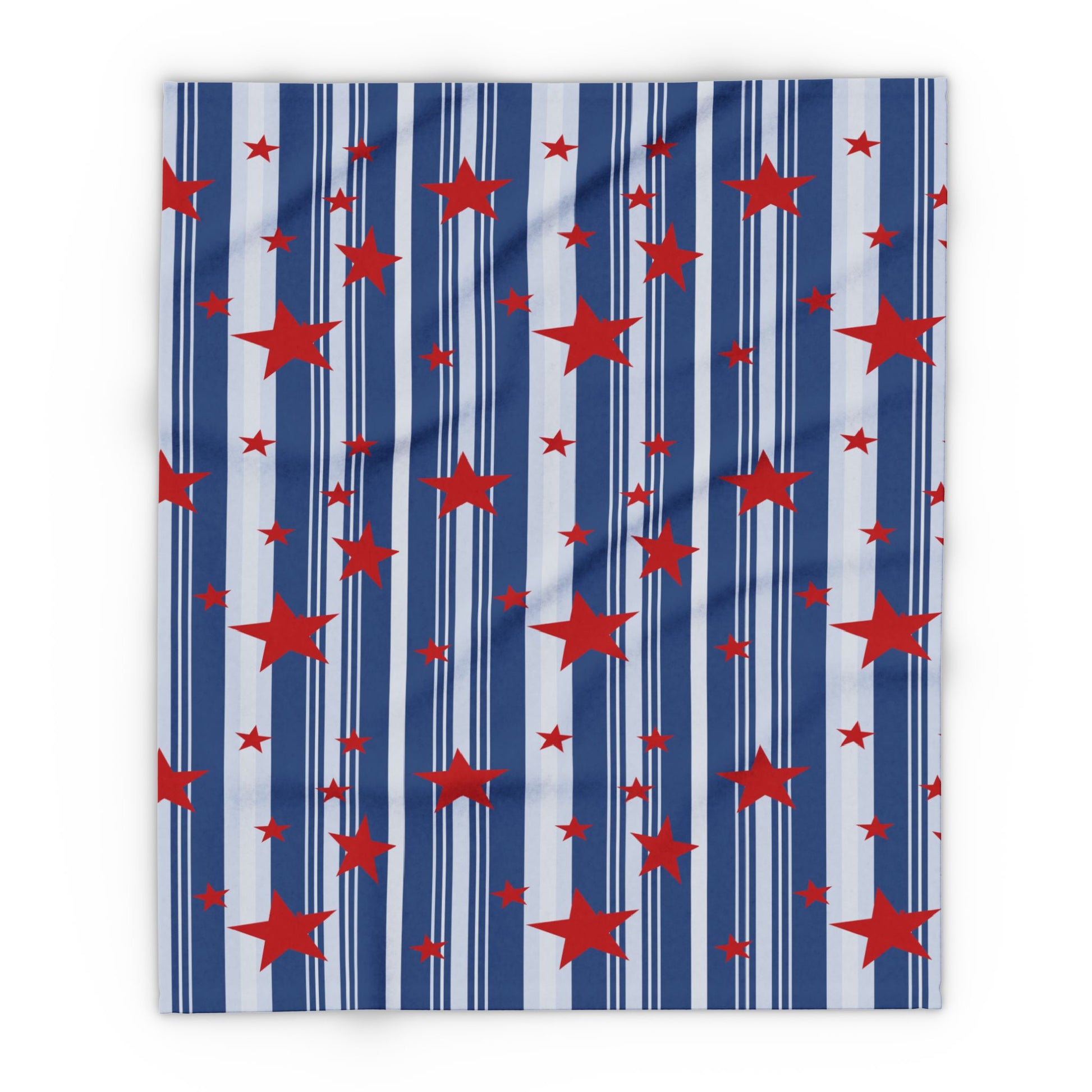 Throw blanket with pattern of red stars on blue and white striped background