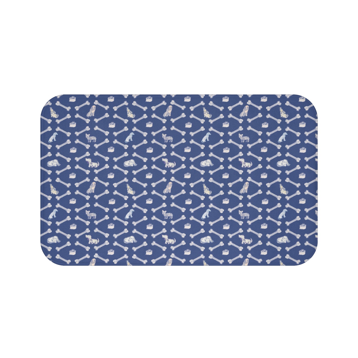 Dog and White Bone Pattern Bath Mat | Navy Dog Bones Non-Slip Bathroom Rug