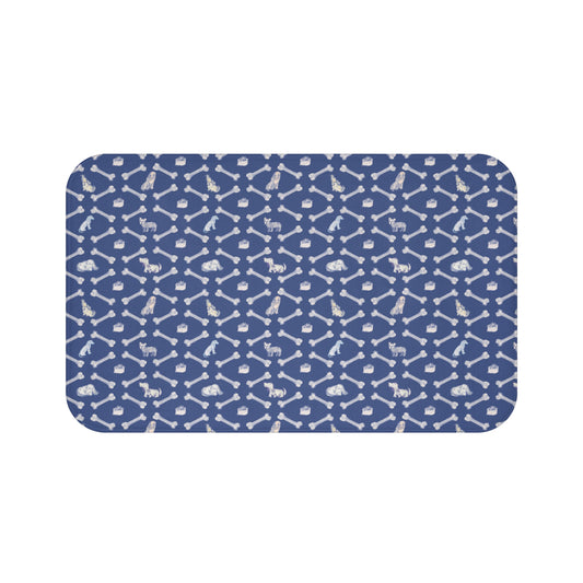 Dog and White Bone Pattern Bath Mat | Navy Dog Bones Non-Slip Bathroom Rug