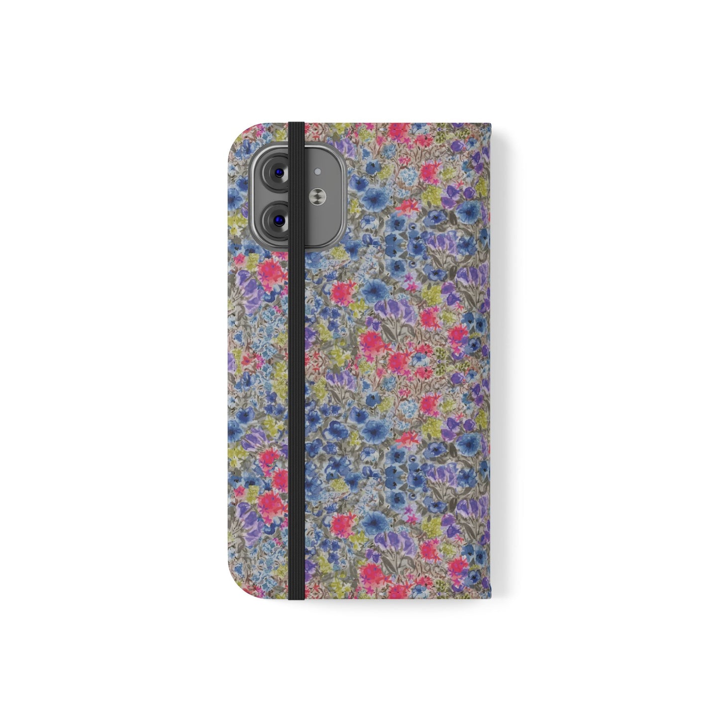 Blue wildflower floral flip phone case with watercolor botanical pattern.