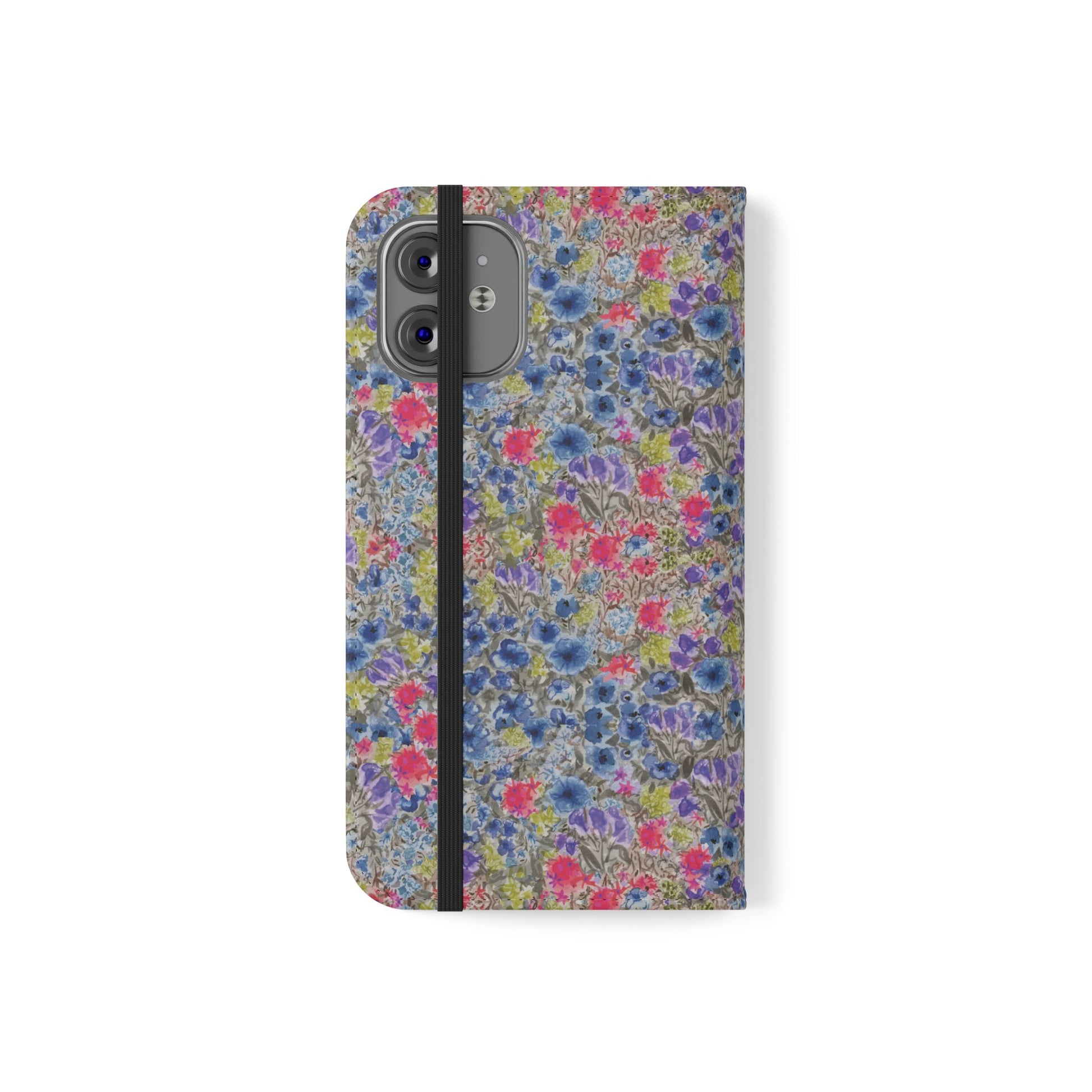 Blue wildflower floral flip phone case with watercolor botanical pattern.