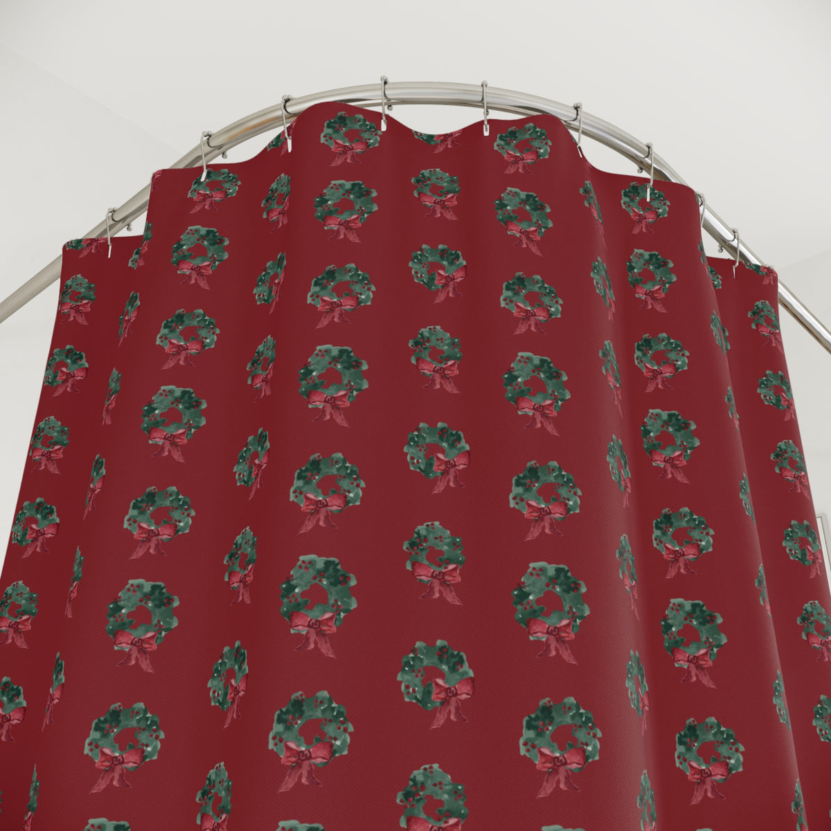 Evergreen Wreath Christmas Shower Curtain – Red — hanging, full view