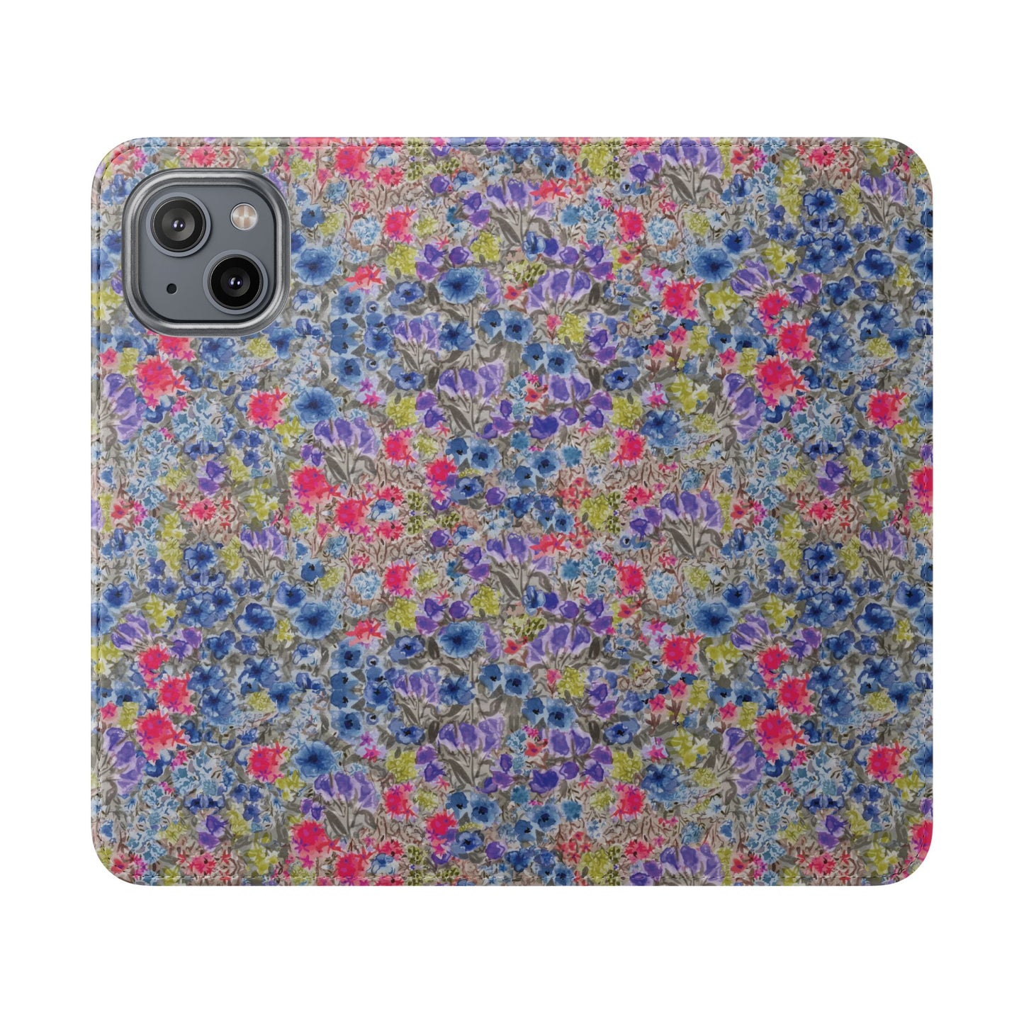 Blue watercolor wildflower wallet phone case featuring vibrant floral meadow artwork with pink and purple blossoms.