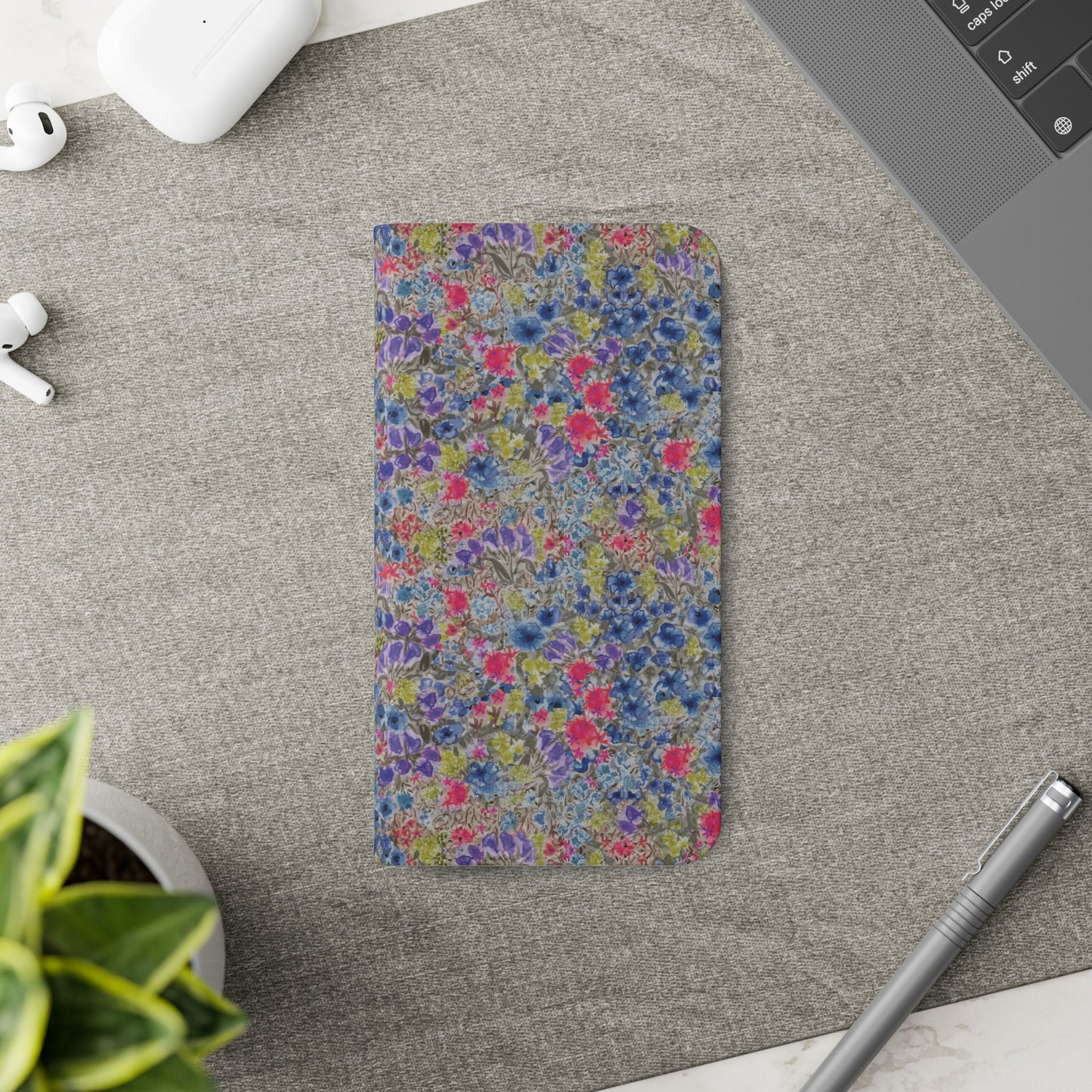 Blue wildflower floral flip phone case with watercolor botanical pattern.