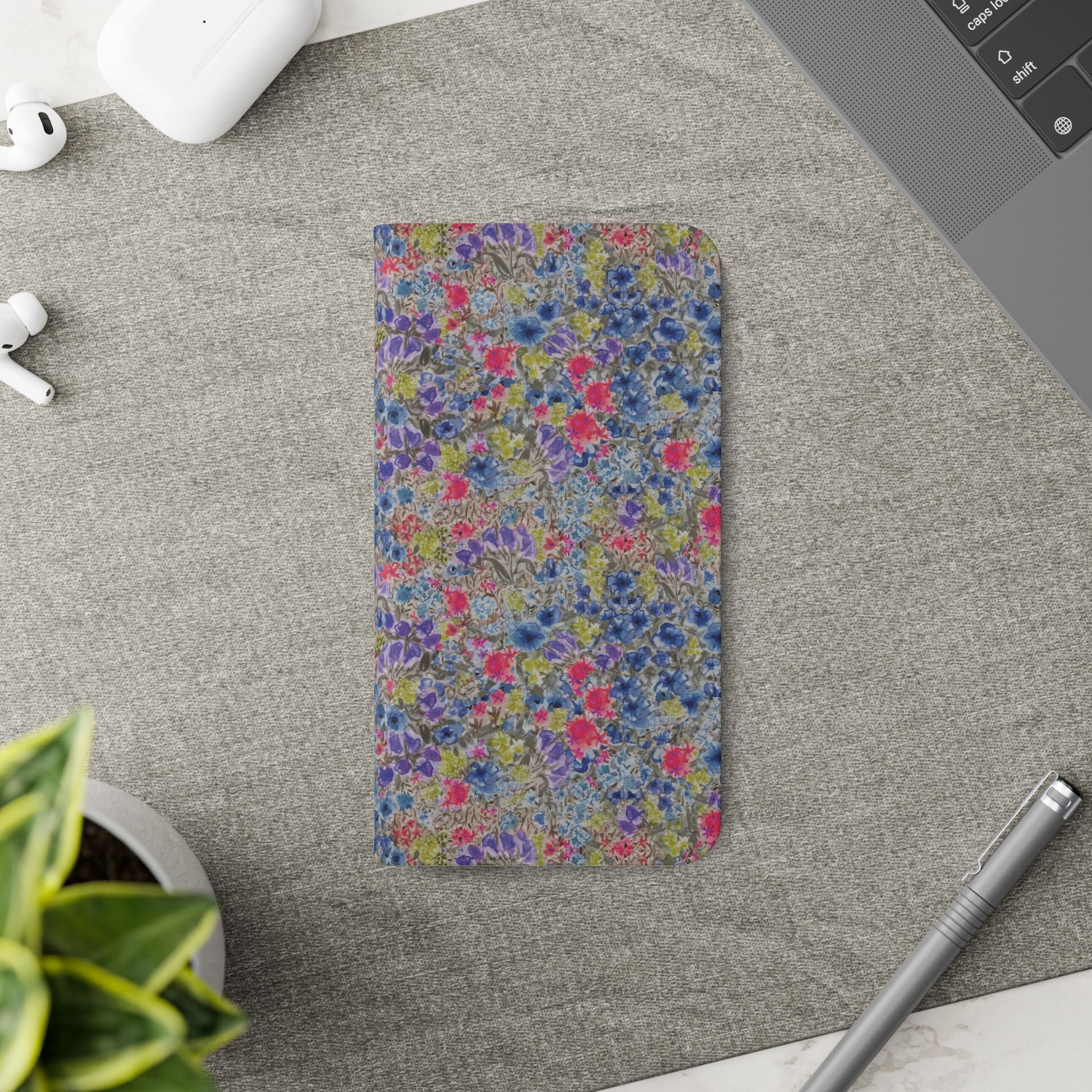 Blue wildflower floral flip phone case with watercolor botanical pattern.