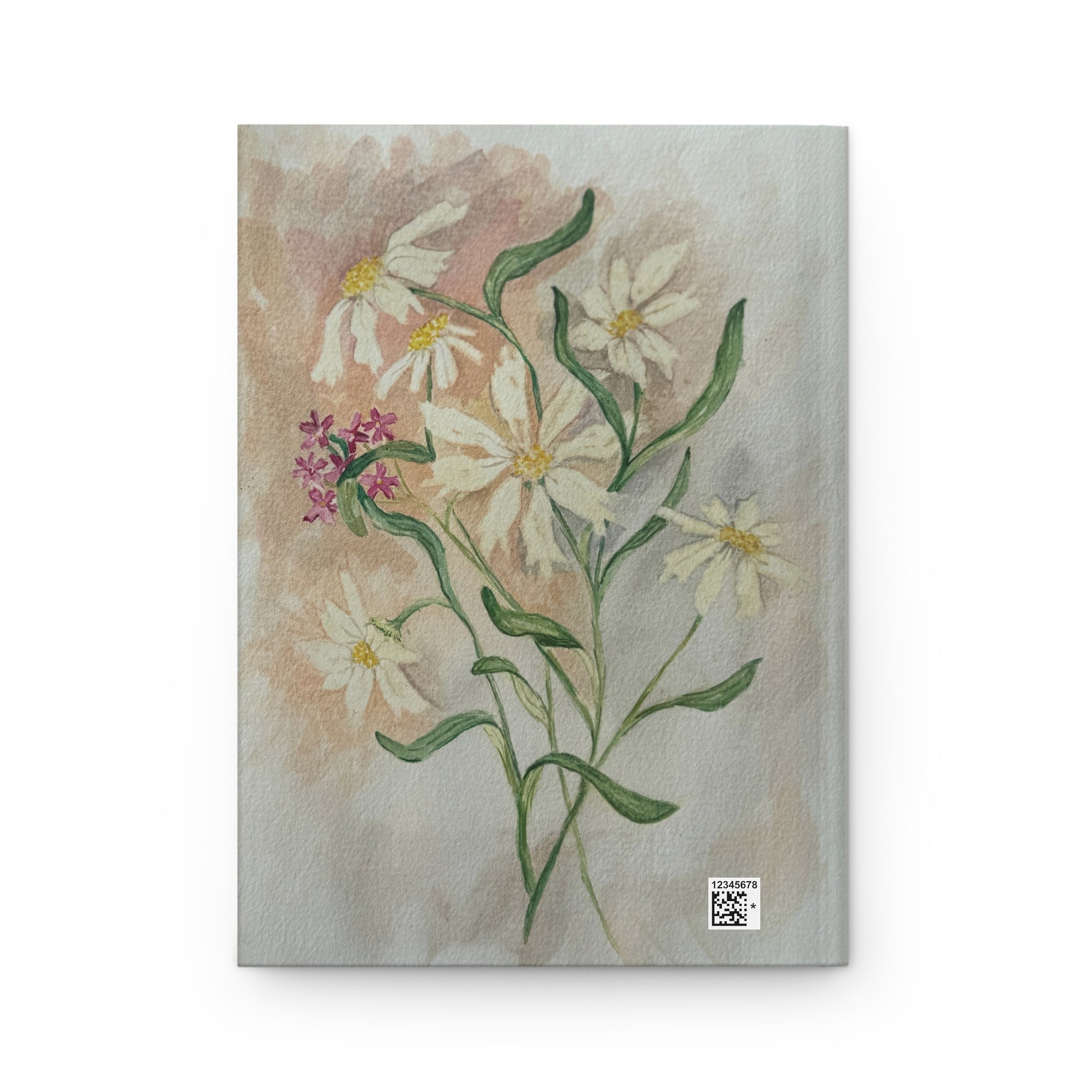 Floral design on a notebook cover with a QR code at the bottom right corner.