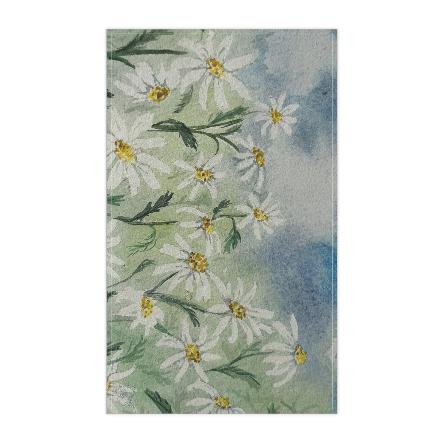 soft floral tea towel with white daisies and green blue background