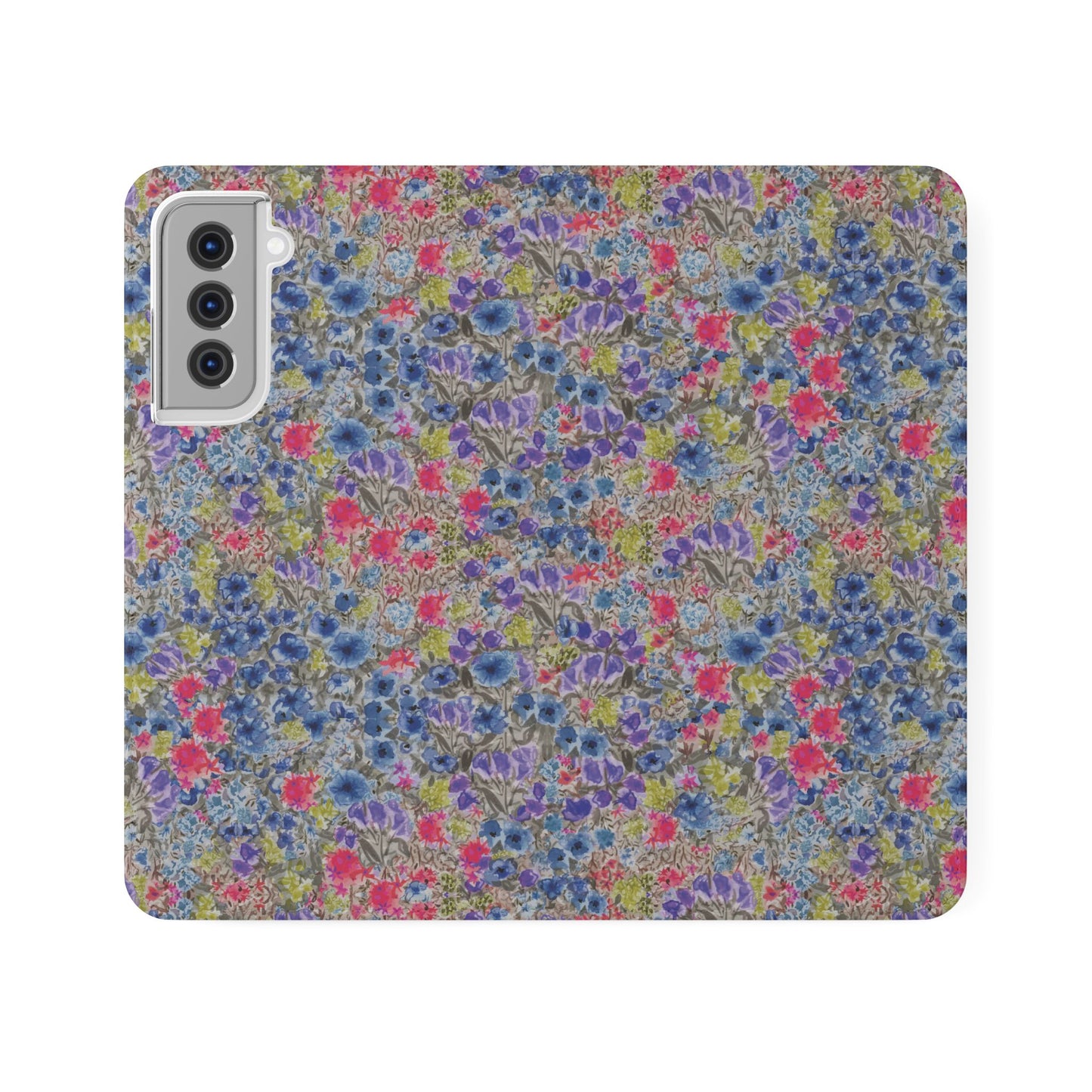 Blue watercolor wildflower wallet phone case featuring vibrant floral meadow artwork with pink and purple blossoms.