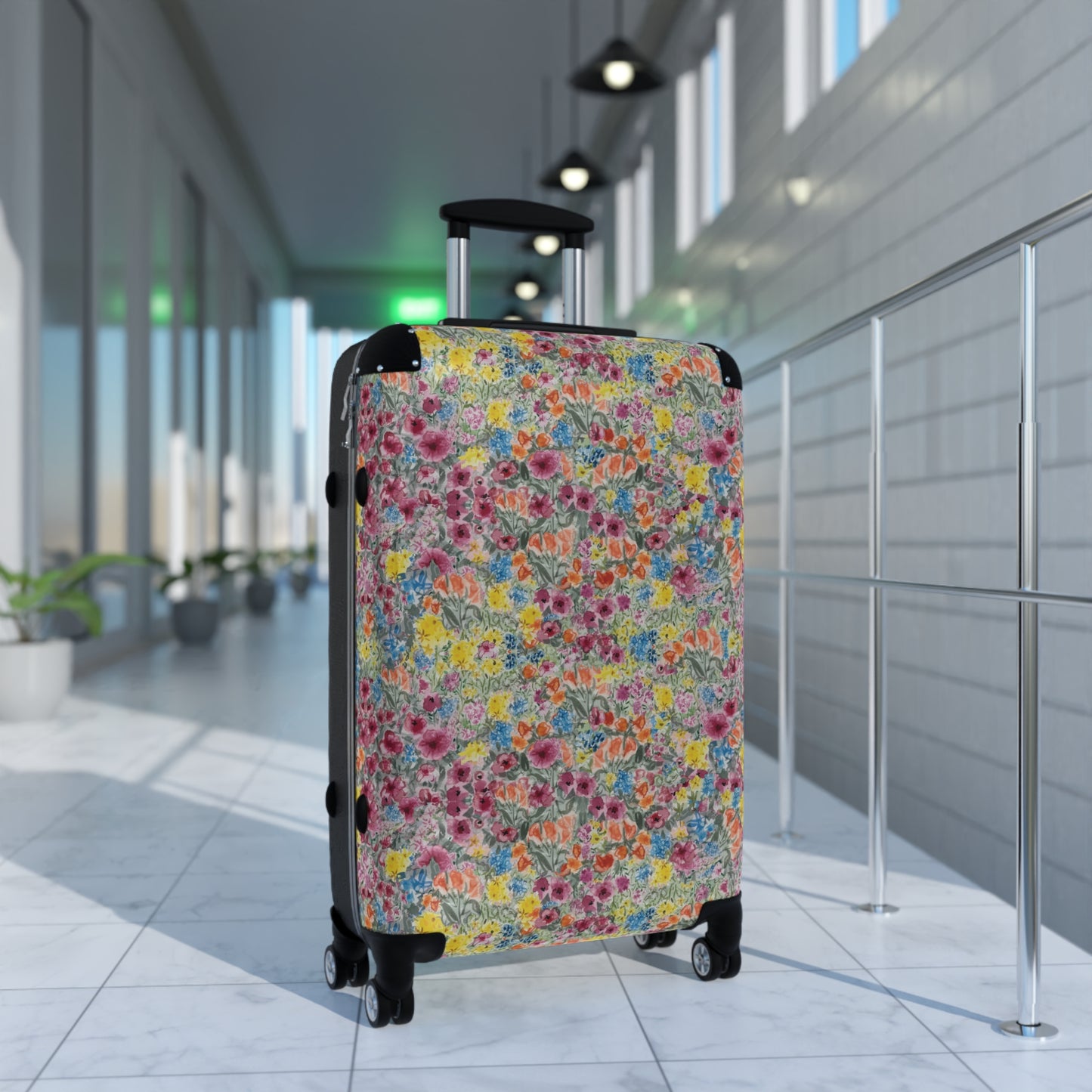 Meadow Blooms -patterned suitcase in a modern indoor setting