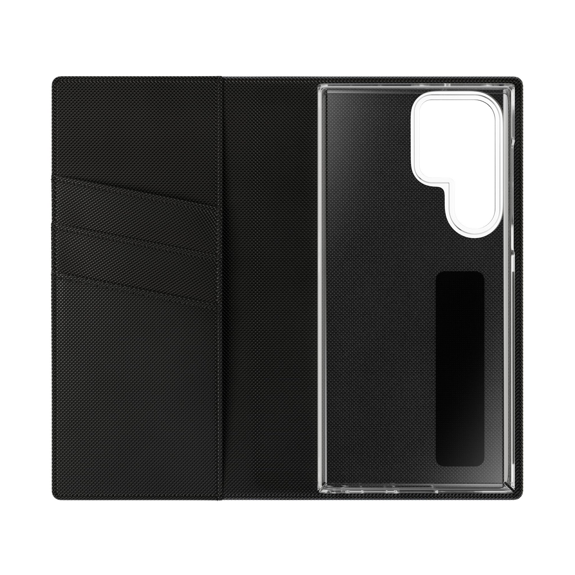 Inside Floral wallet phone case interior with card slots and protective phone holder.
