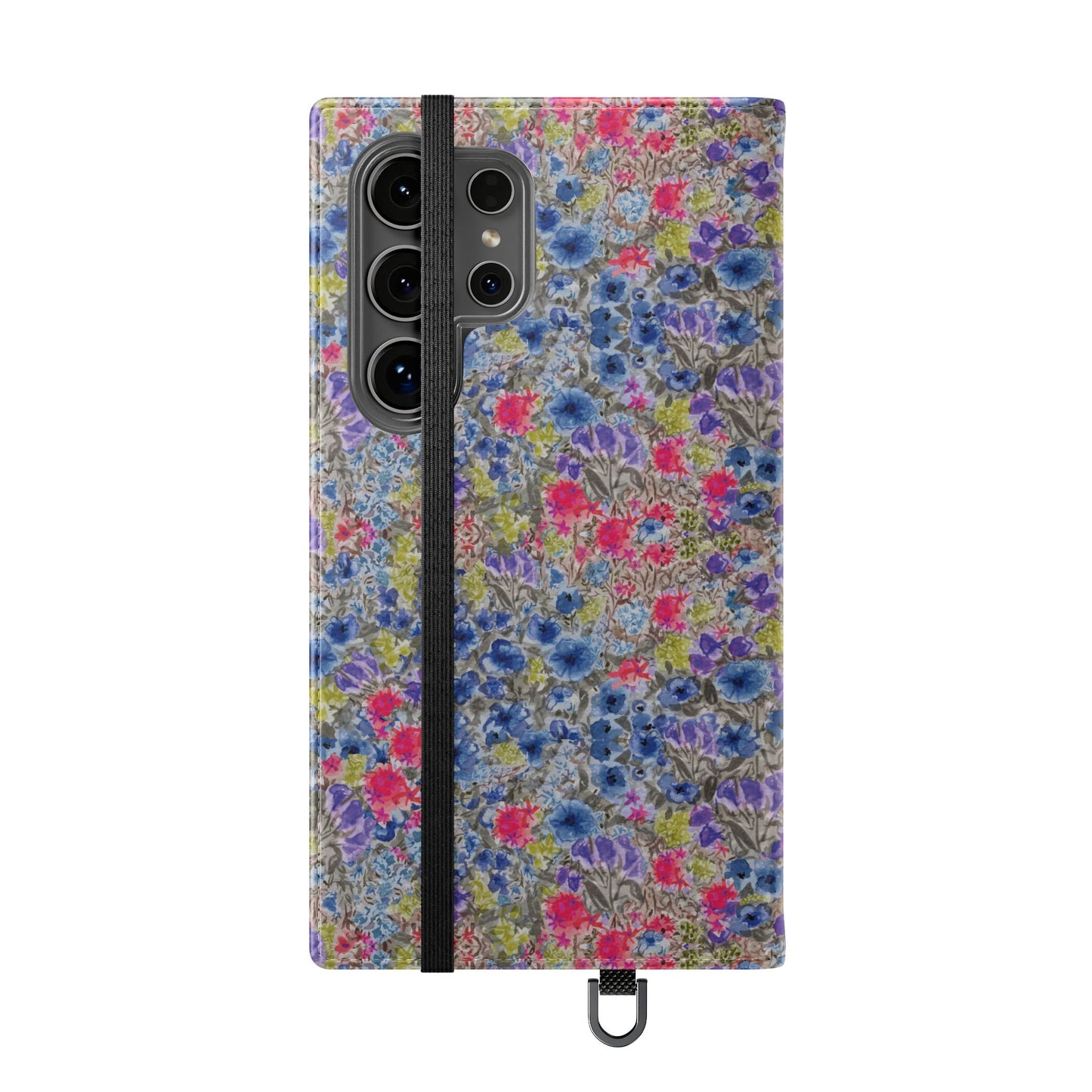 Blue wildflower floral flip phone case with watercolor botanical pattern.