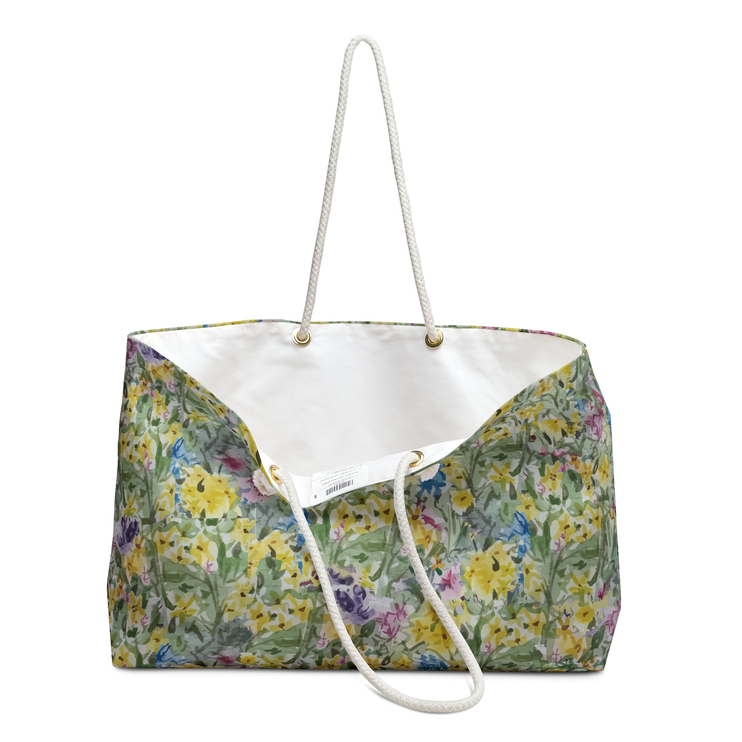 Watercolor wildflower floral weekender tote bag with yellow meadow flowers and green botanical pattern.