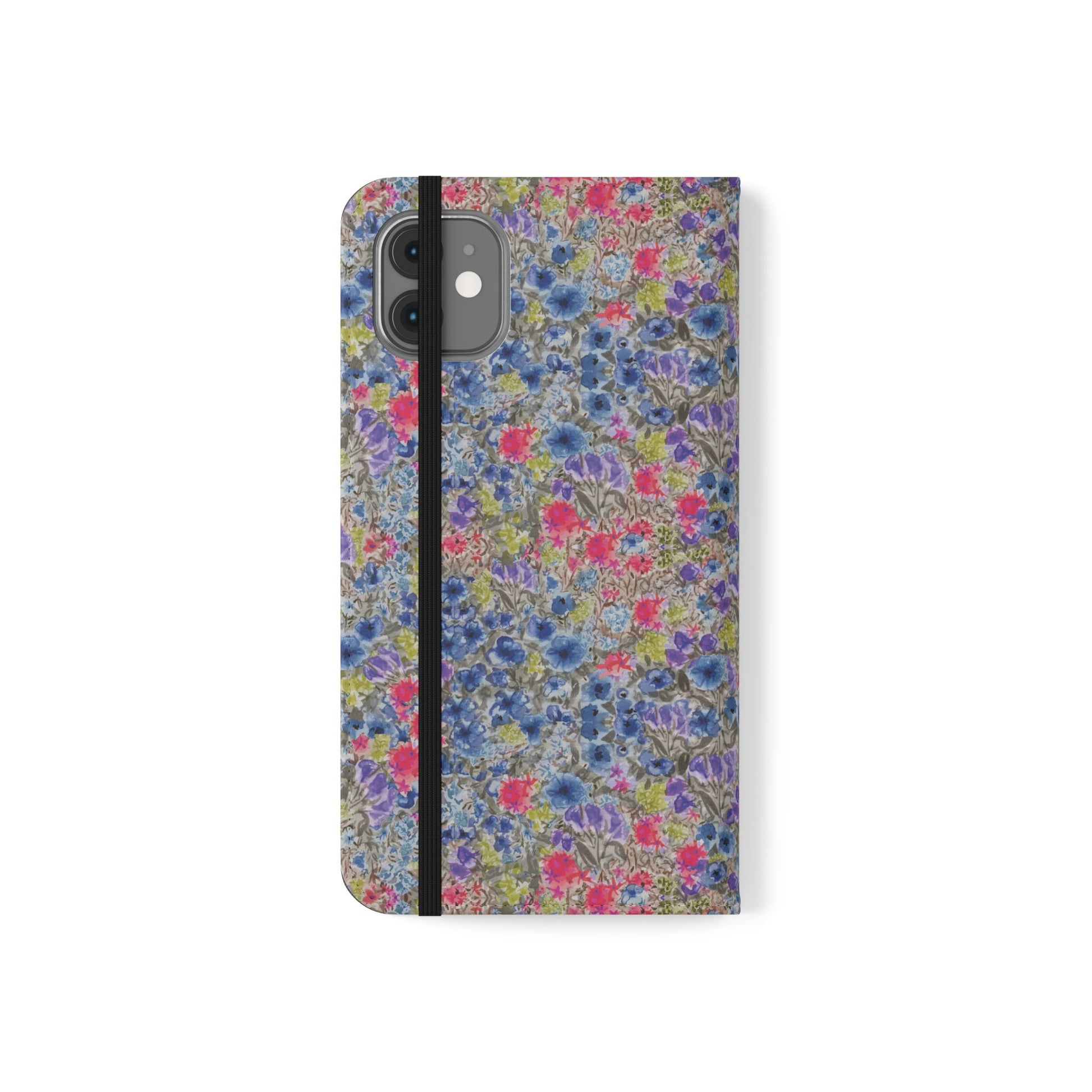 Blue wildflower floral flip phone case with watercolor botanical pattern.