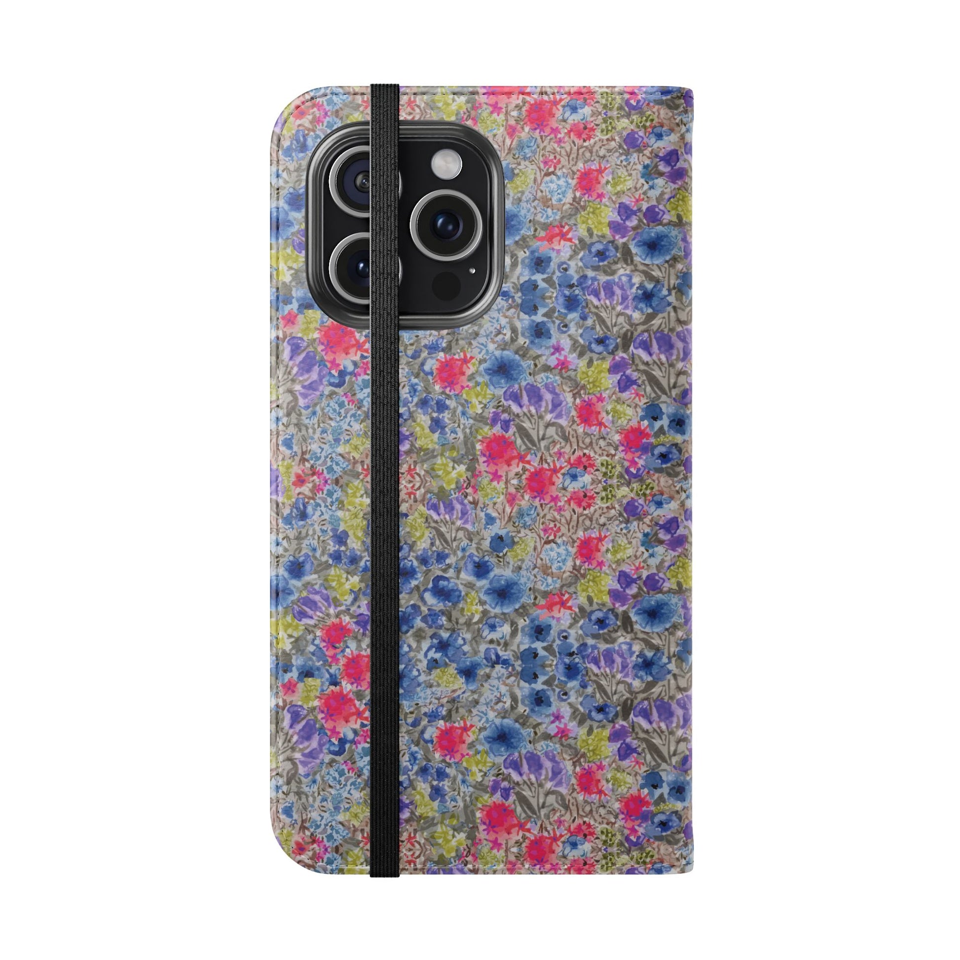 Blue wildflower floral flip phone case with watercolor botanical pattern.