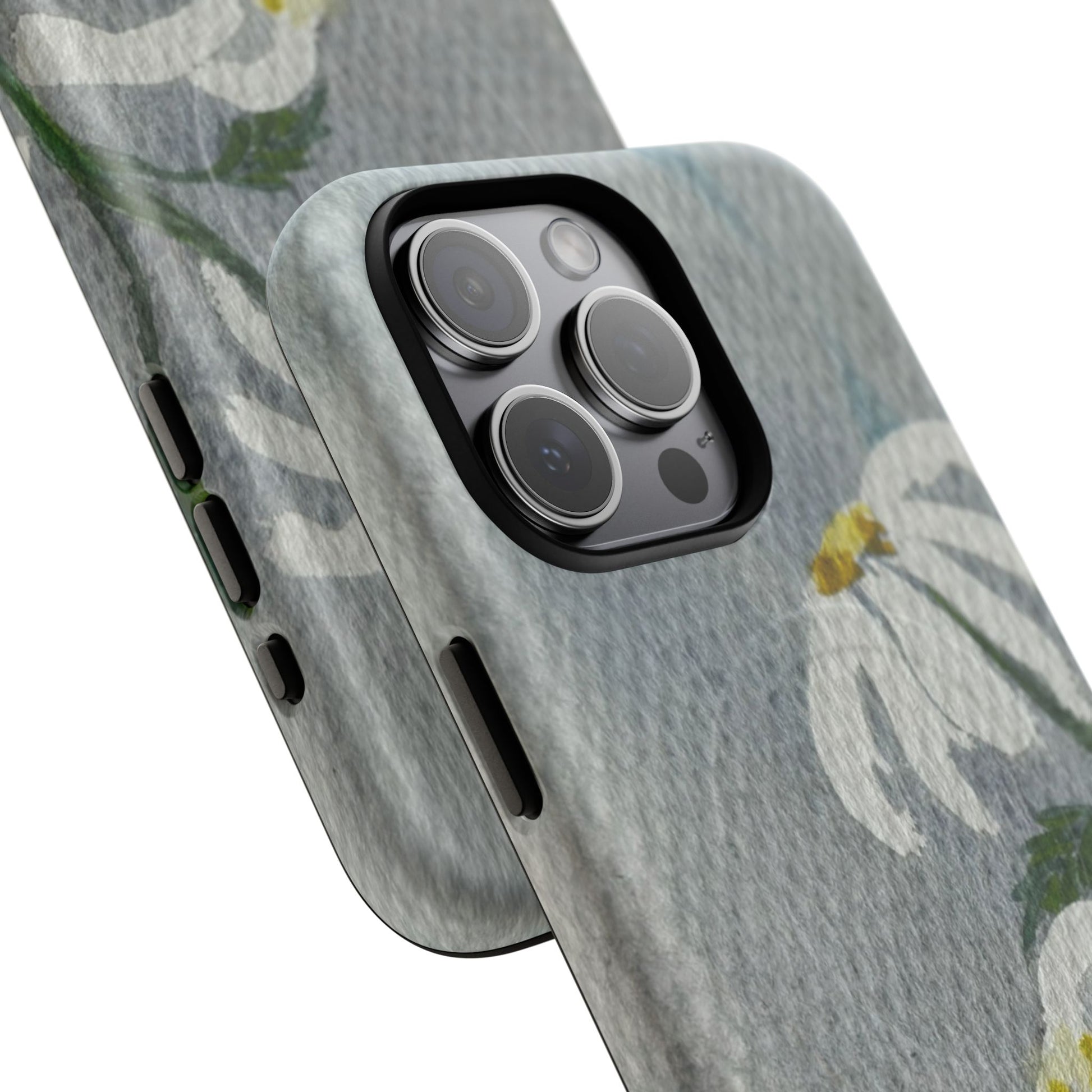 botanical iphone case with simple daisy composition and watercolor texture
