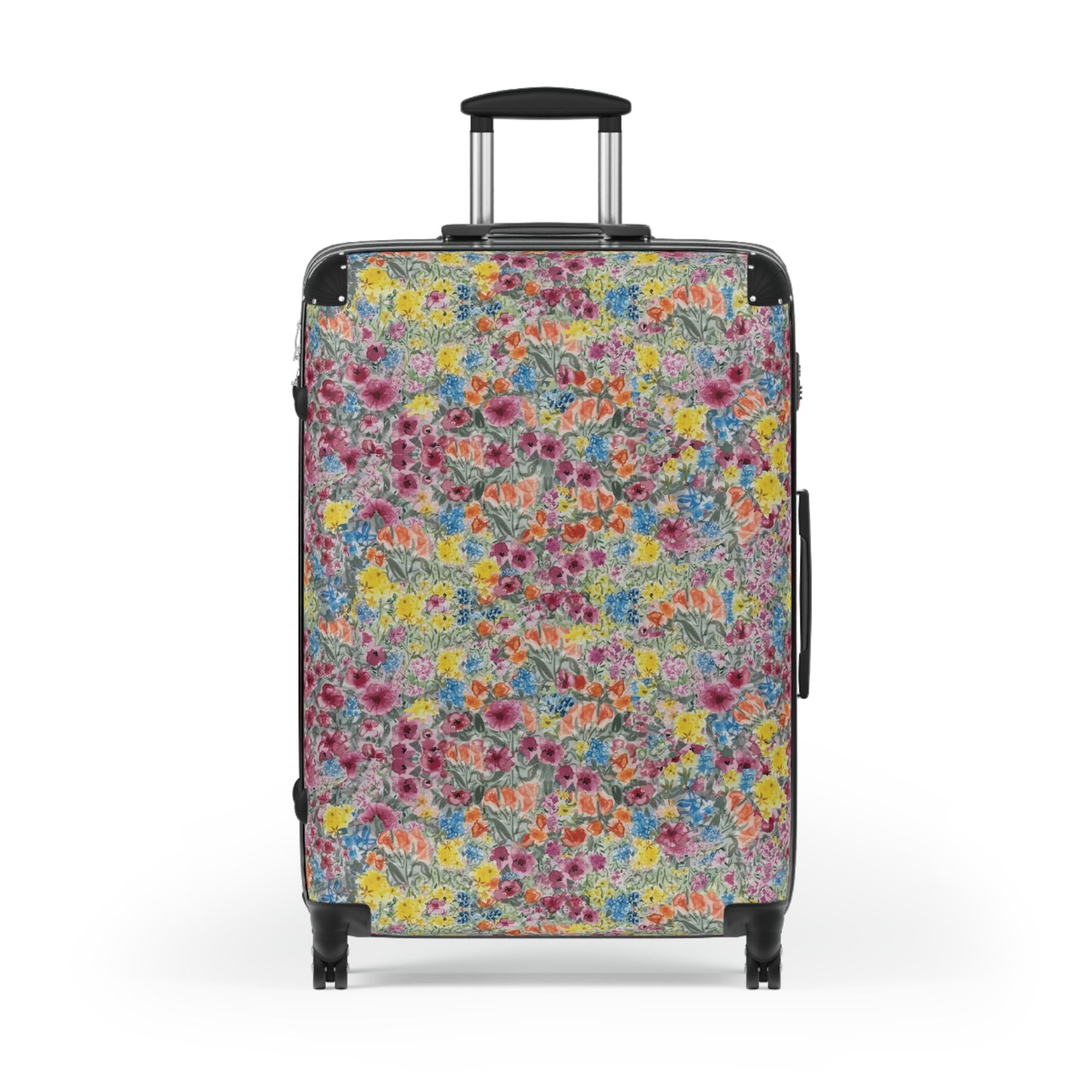 Meadow Blooms watercolor wildflower pattern suitcase with colorful floral botanical design and hard shell travel luggage